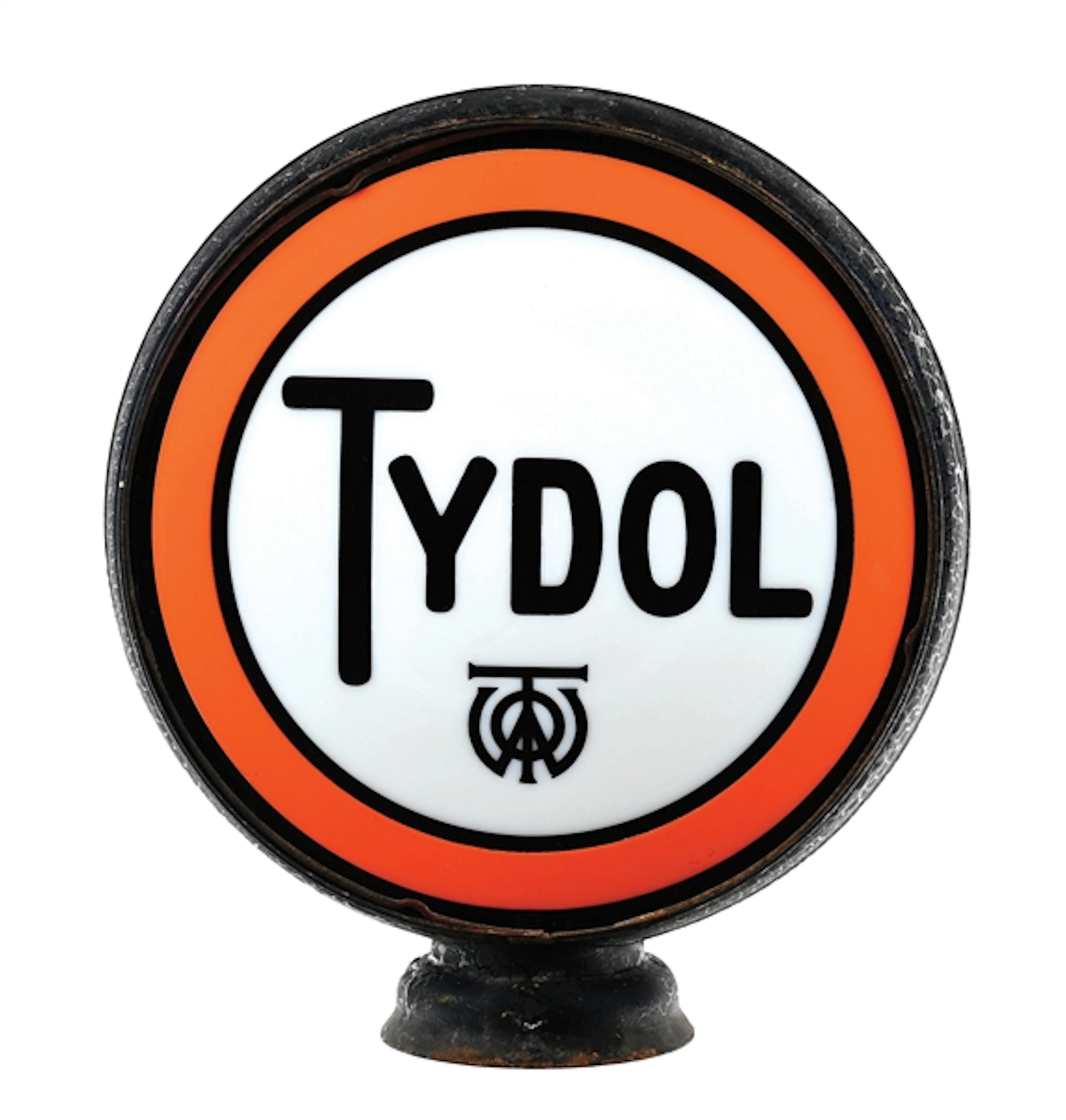 TYDOL GASOLINE CAST MILK GLASS COMPLETE 15" GLOBE ON METAL BODY