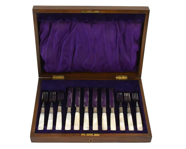 A Cased Set of Six Silver Plate and Mother-of-Pearl Eaters, First
