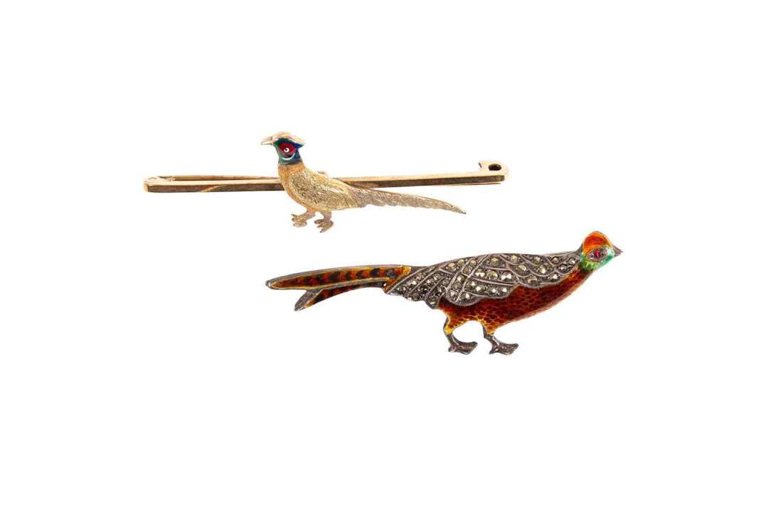 An Enamel Pheasant Brooch, An Enamel and Marcasite Pheasant Brooch