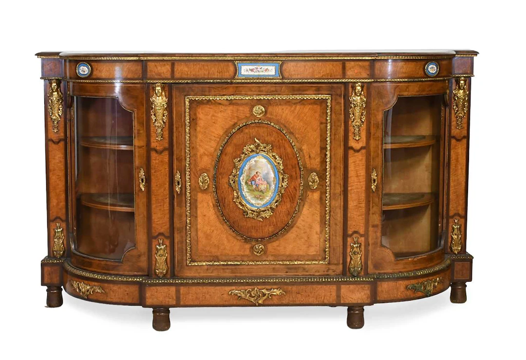 A Victorian Walnut, Burr Walnut, Satinwood and Gilt-Metal-Mounted