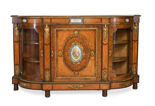 A Victorian Walnut, Burr Walnut, Satinwood and Gilt-Metal-Mounted