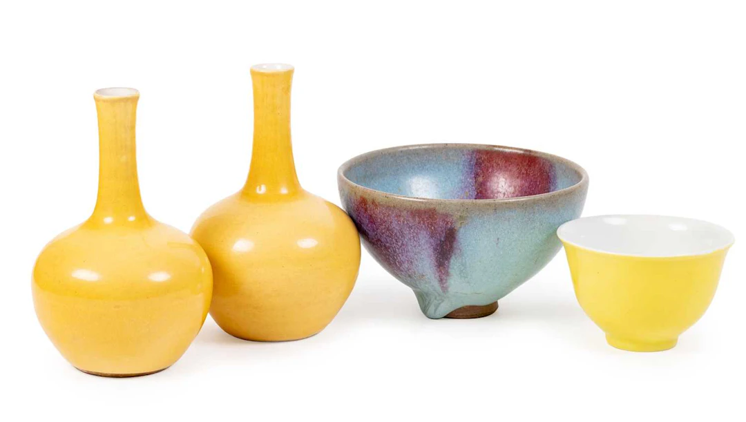A Jun-Type Stoneware Bowl, A Chinese Porcelain Yellow-Ground Tea Bowl