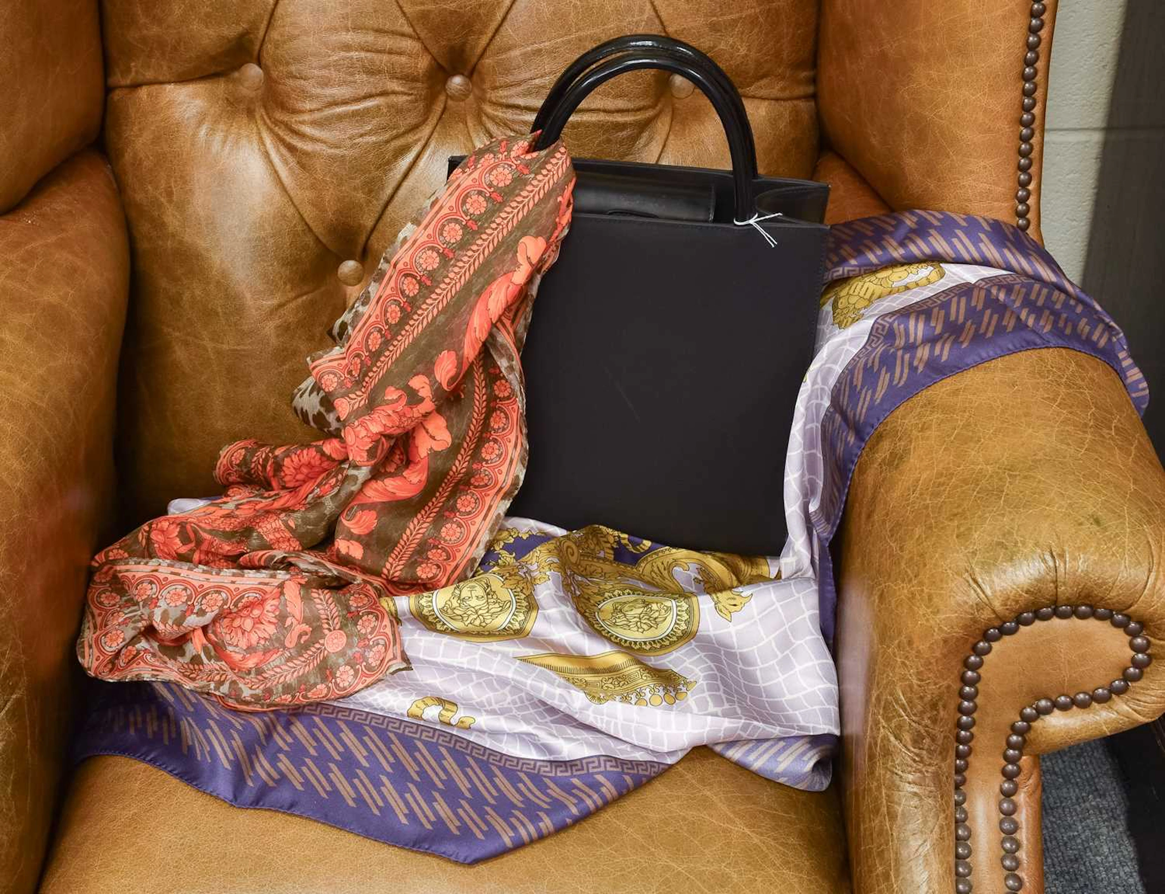 Ralph Lauren Black Leather Handbag, Versace Silk Chiffon Scarf, Versace