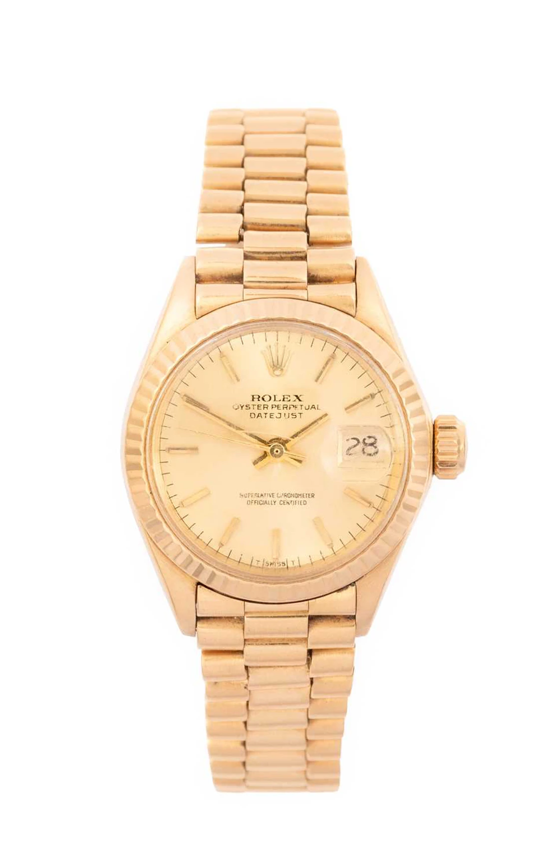 Rolex: A Lady's 18 Carat Gold Automatic Calendar Centre Seconds Wristwatch