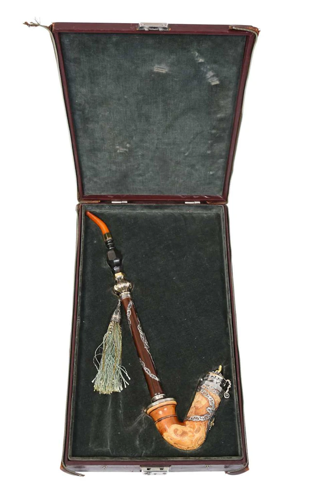 An Austrian Silver, Gold, Diamond and Cultured Pearl-Mounted Meerschaum