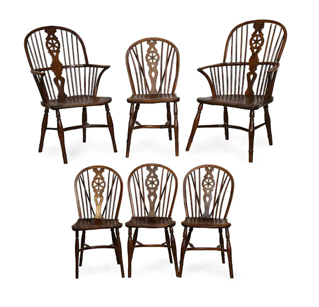 A Matched Set of Six (4+2) 19th Century Yew and Elm Windsor Chairs