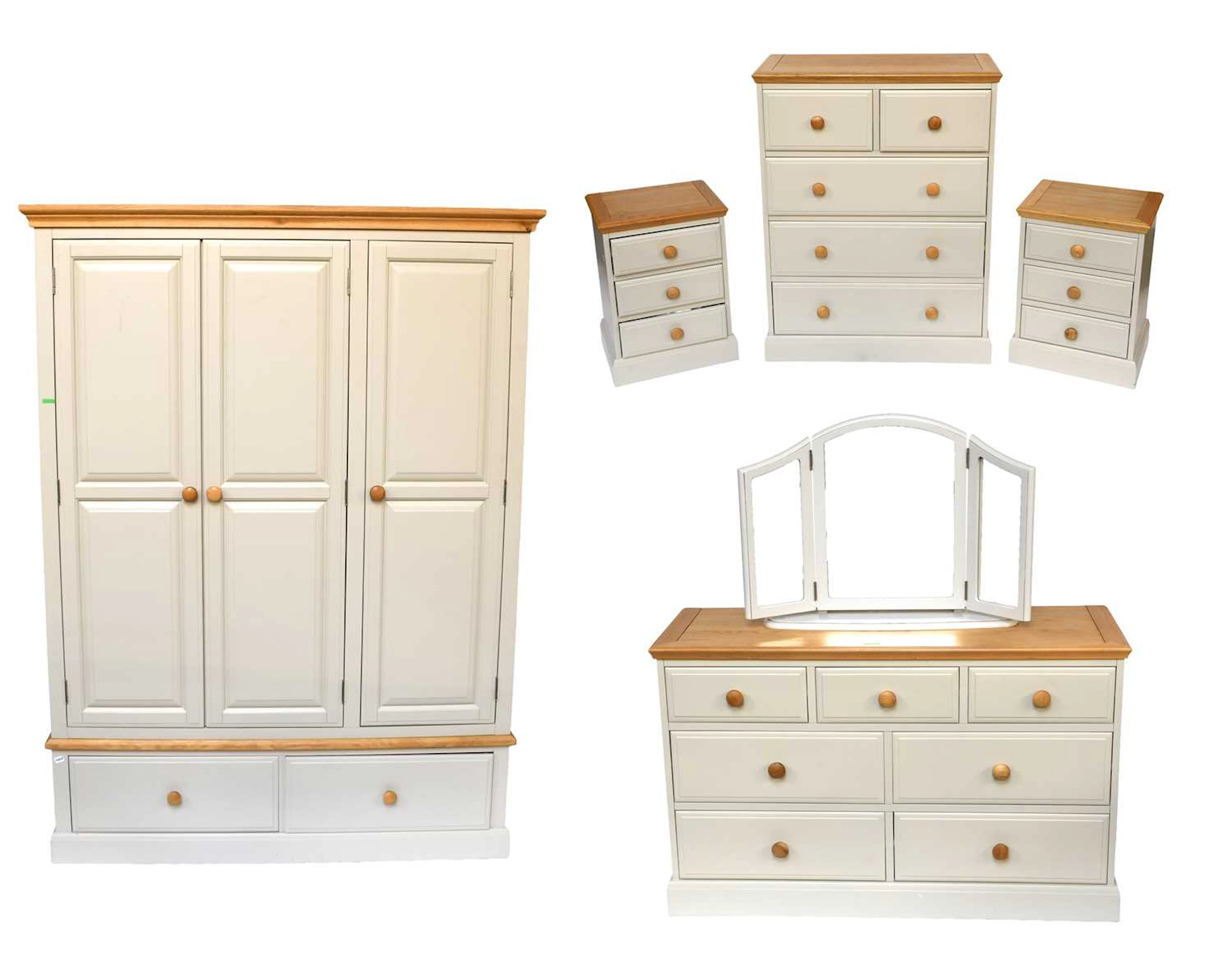 A Modern Oak and Cream Painted Five Piece Bedroom Suite