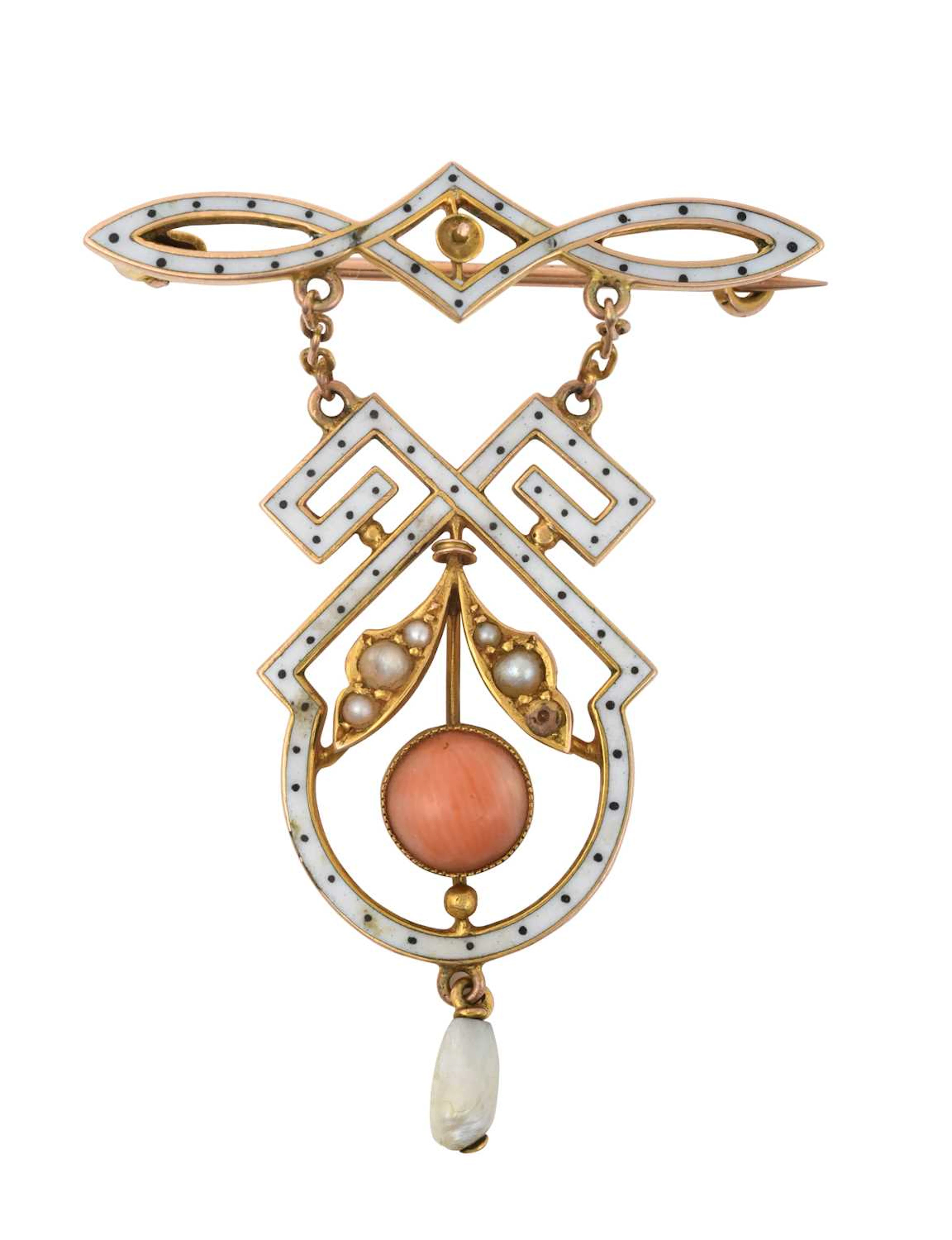 An Enamel, Coral and Pearl Brooch, by Liberty, circa 1900