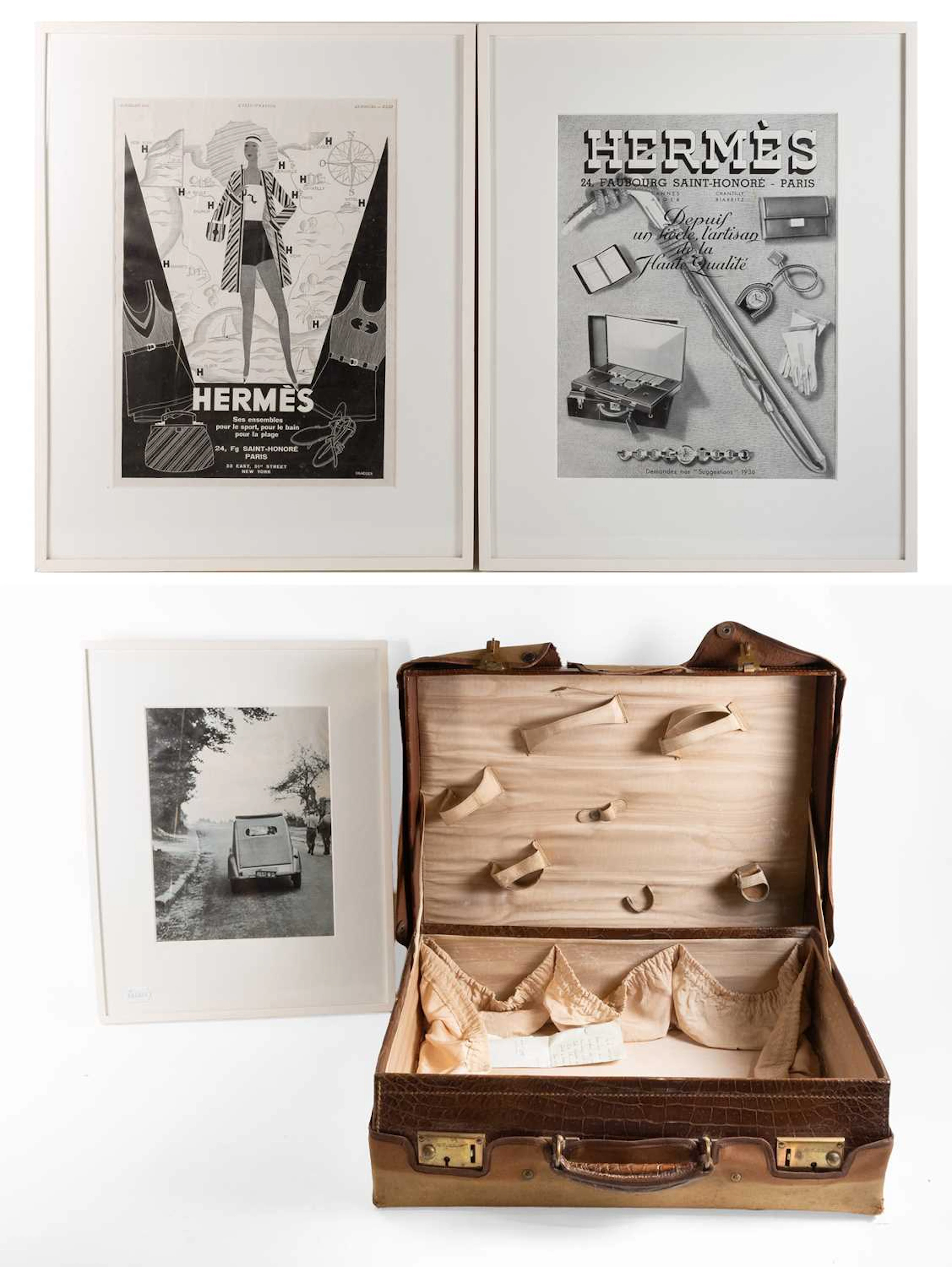 Circa 1943 Crocodile Tan Leather Suitcase, Hermés Black and White Adverts