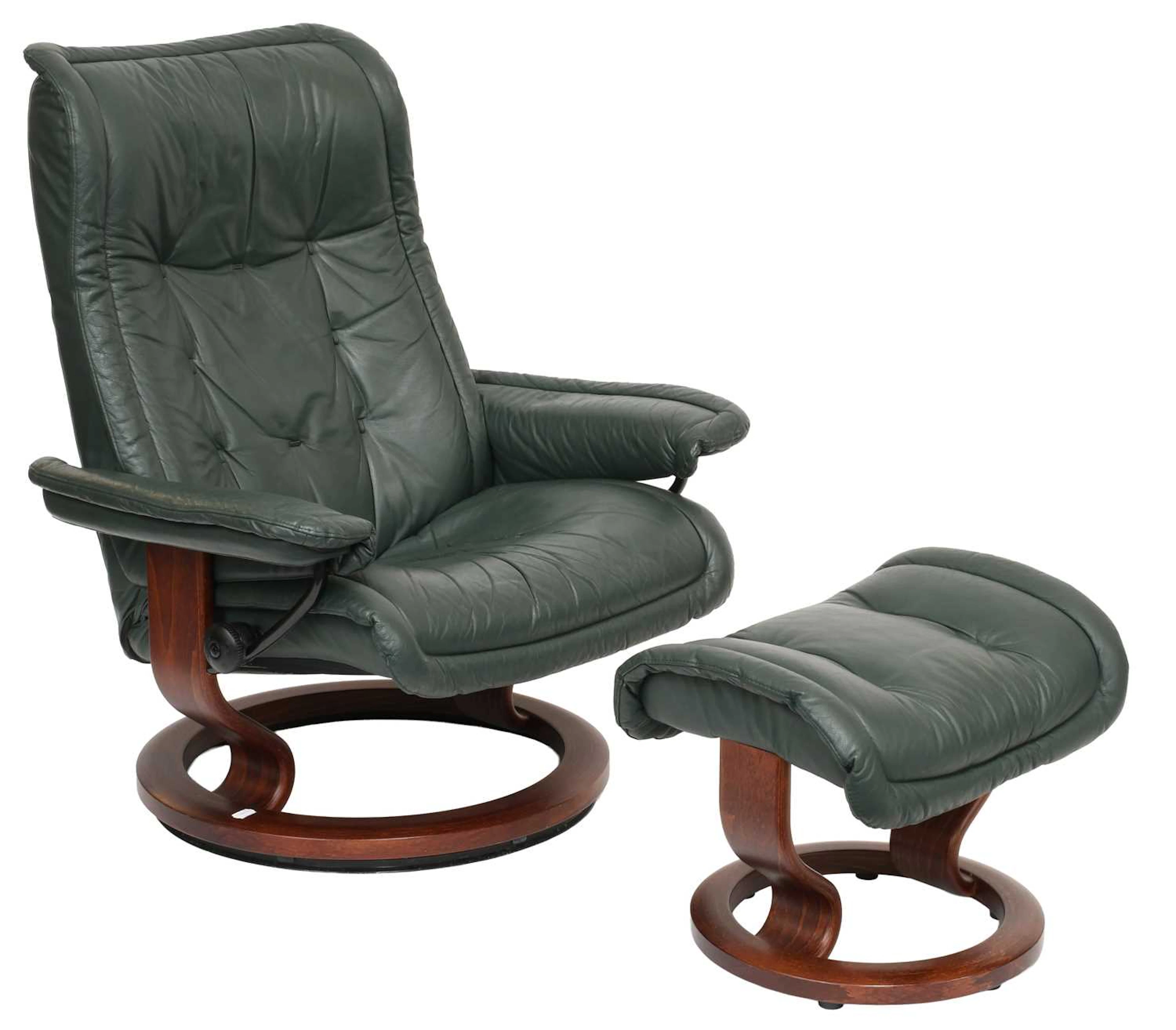 A Stressless Green Leather Reclining Armchair