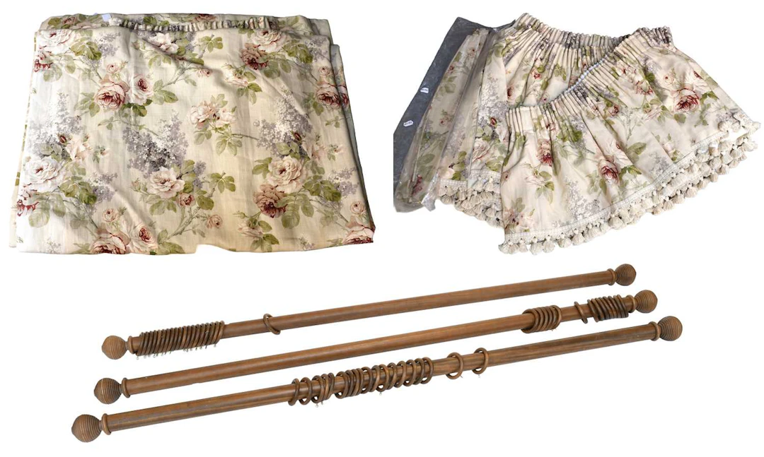 Two Pairs of Floral Linen Curtains, Three Wooden Curtains Poles