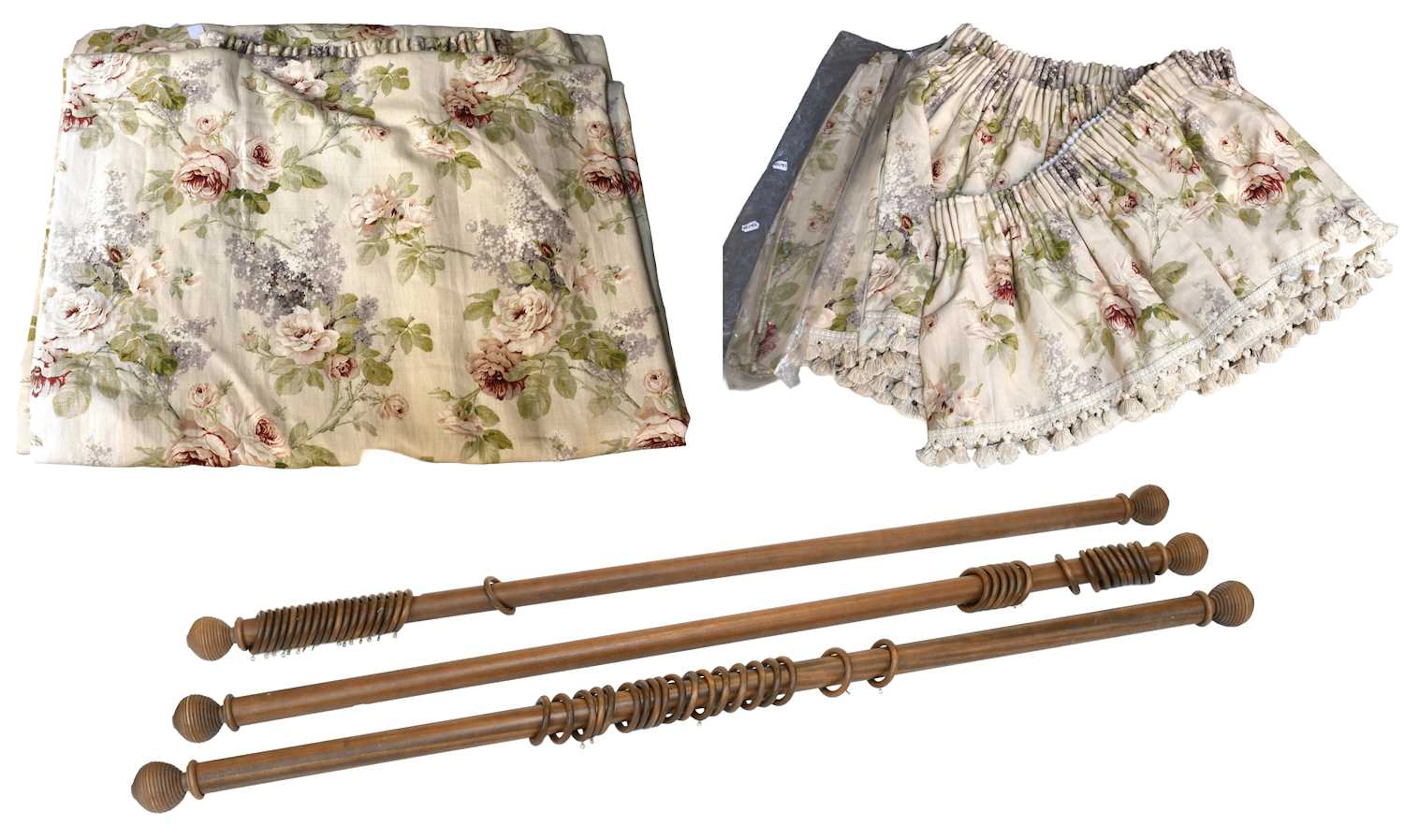 Two Pairs of Floral Linen Curtains, Three Wooden Curtains Poles