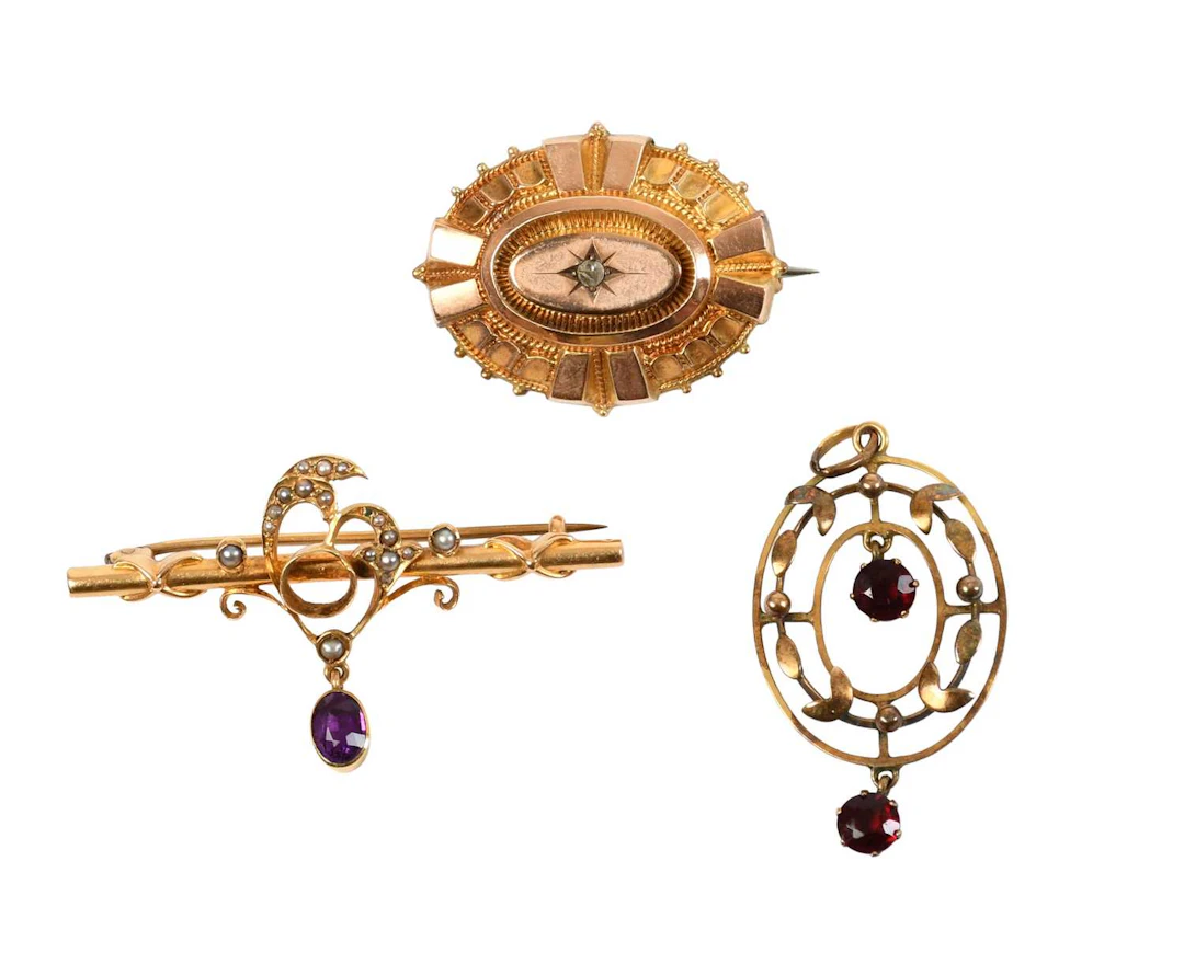 A 9 Carat Gold Diamond Brooch, An Amethyst and Seed Pearl Brooch