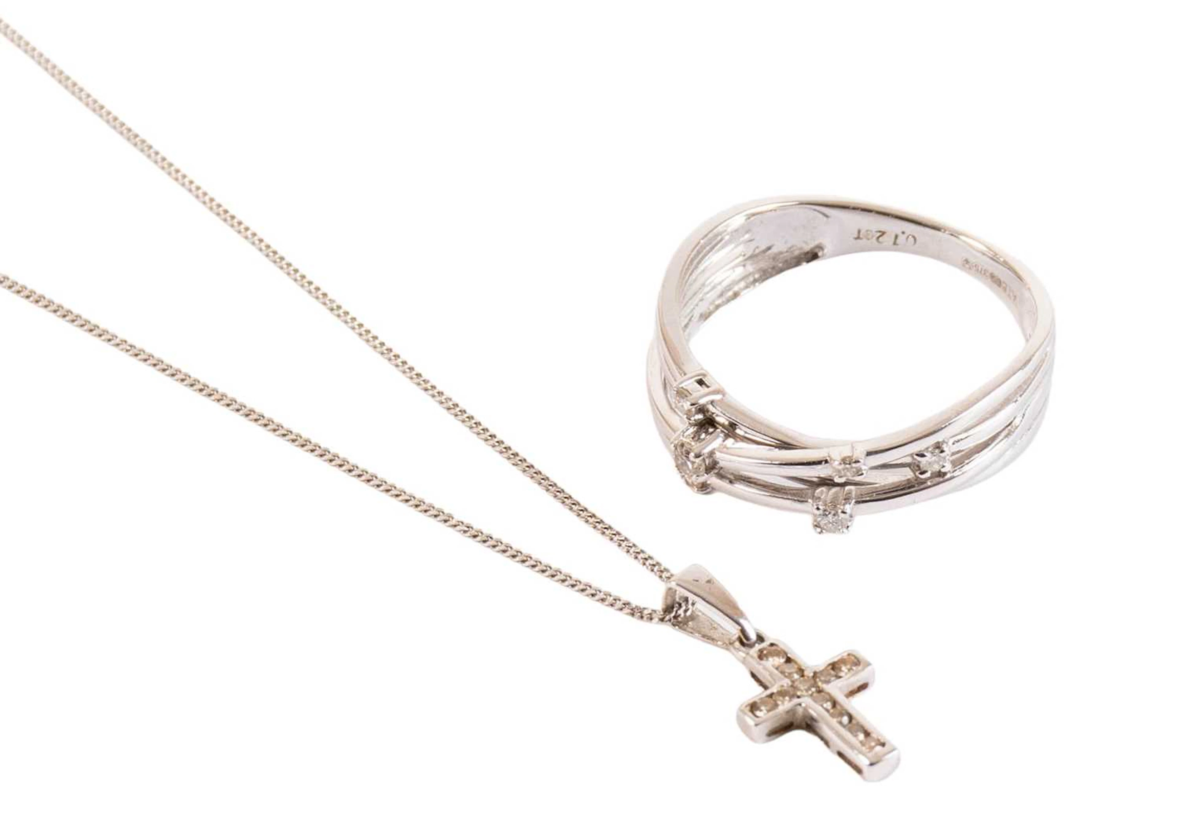 A 9 Carat White Gold and Diamond Ring, A Diamond Cross Pendant on Chain