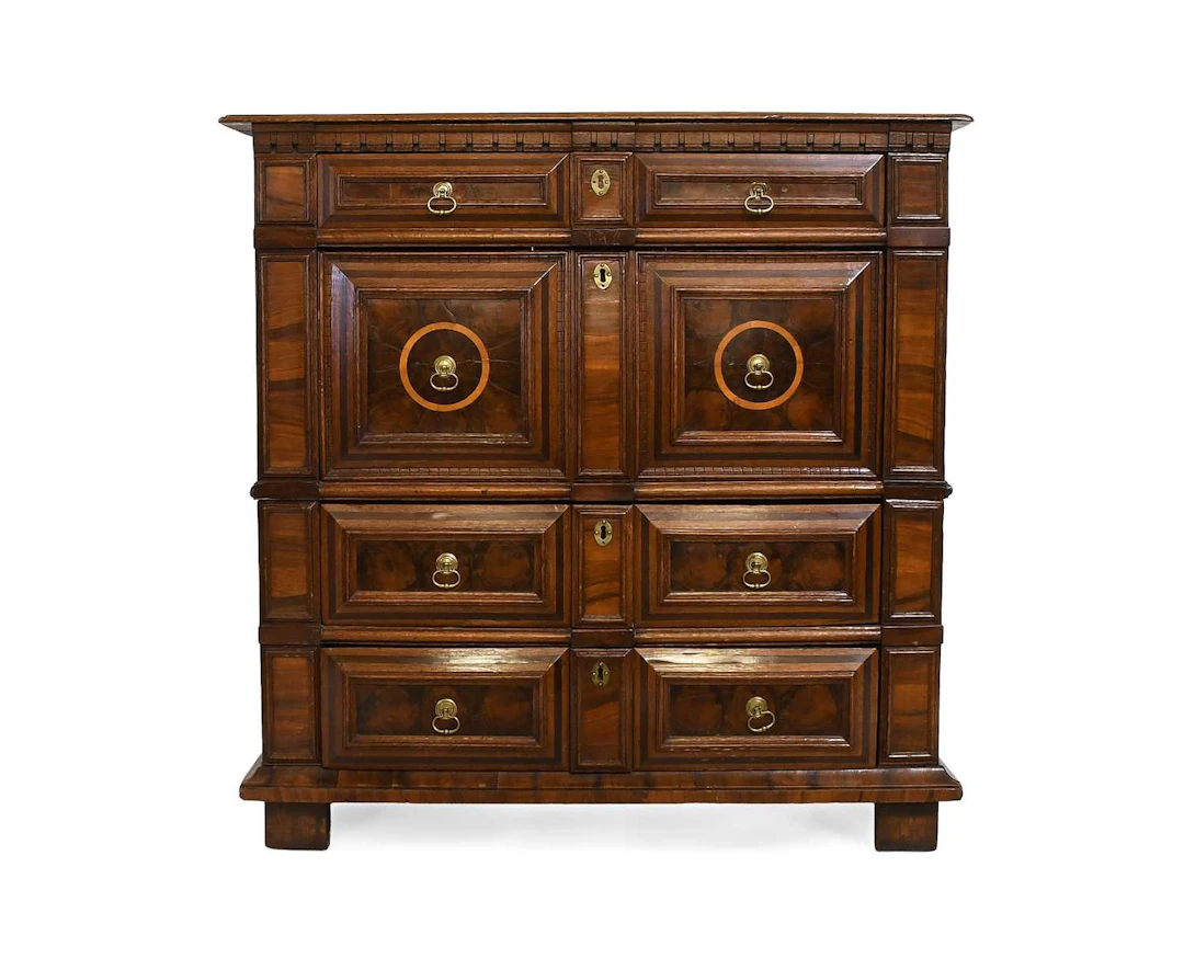 A William & Mary Oak and Oyster-Veneered Geometric Moulded Straight-Front