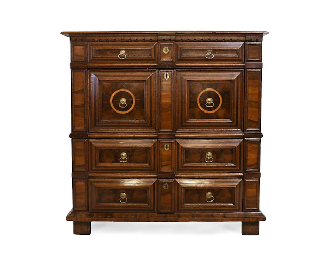 A William & Mary Oak and Oyster-Veneered Geometric Moulded Straight-Front