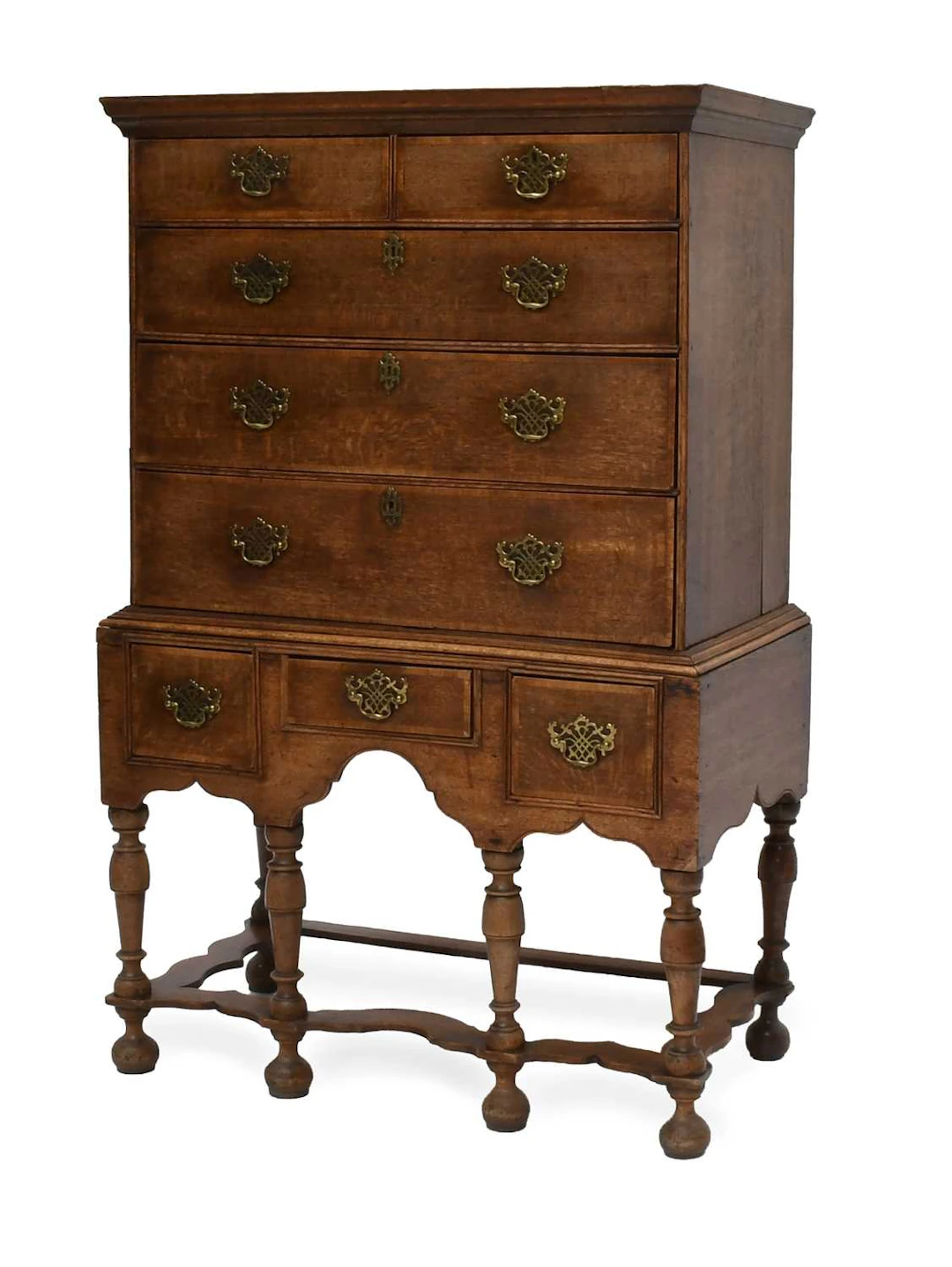 A George I Oak and Mahogany-Crossbanded Chest on Stand, early 18th century