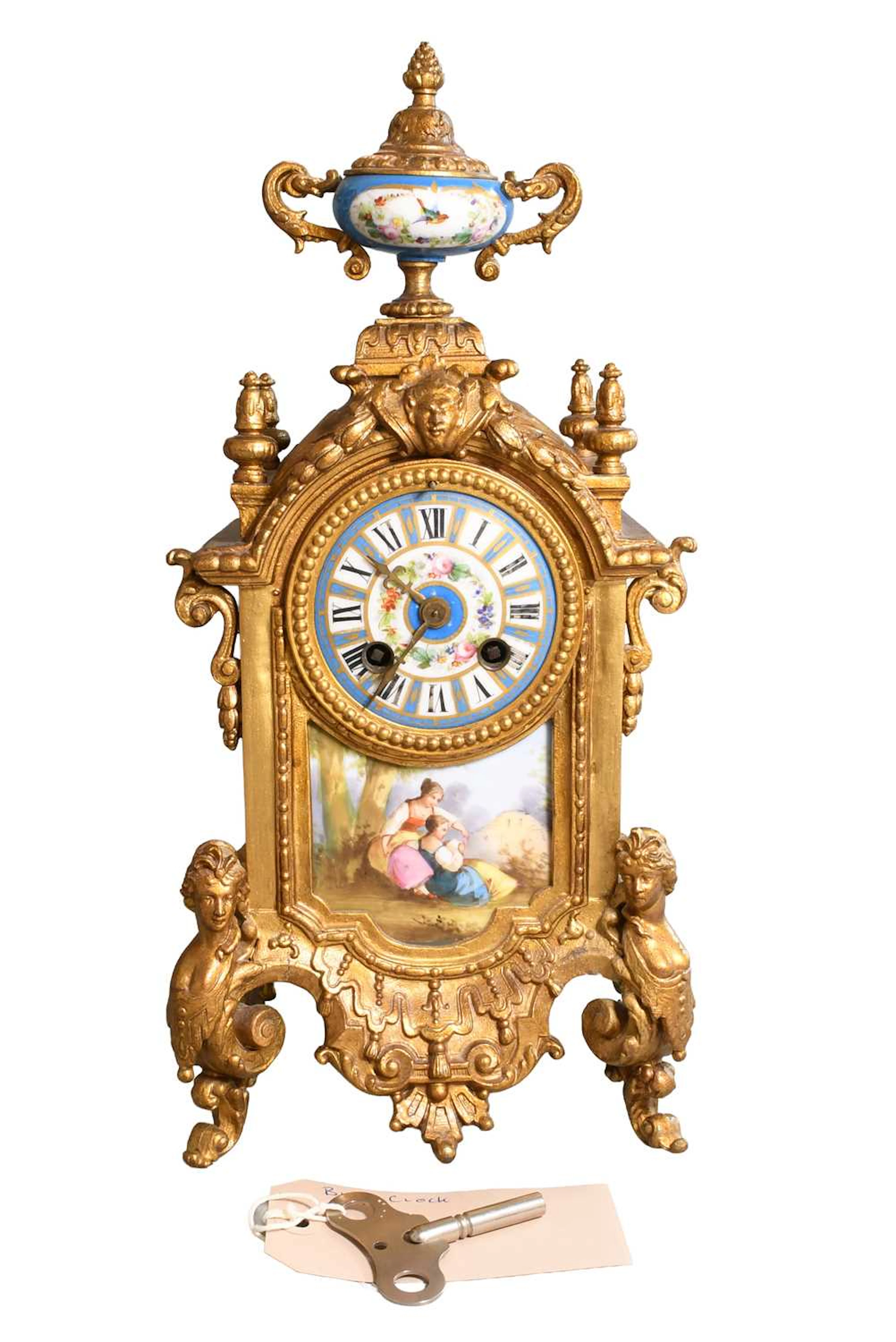 A French Gilt Metal Blue Porcelain Striking Mantel Clock, circa 1900