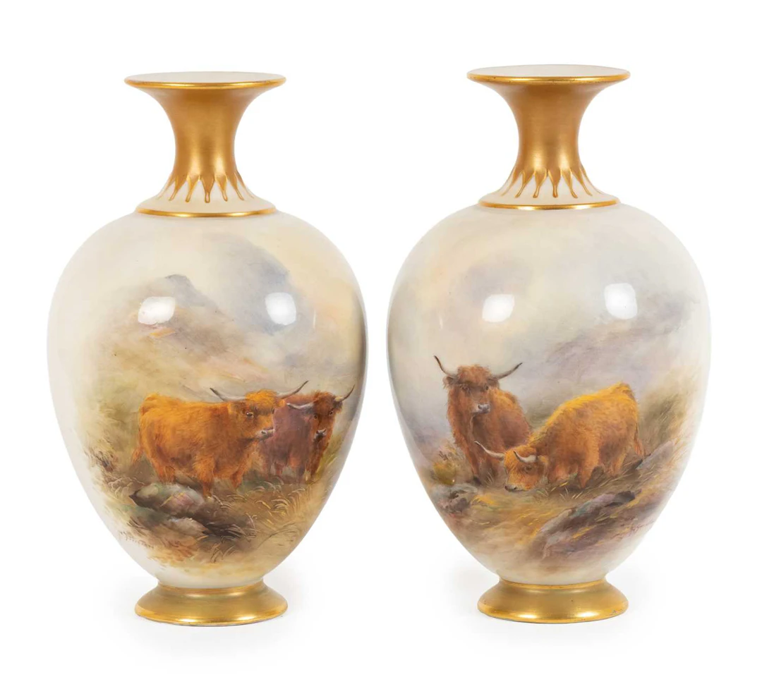 A Pair of Royal Worcester Porcelain Vases, by Harry Stinton, circa 1919-22