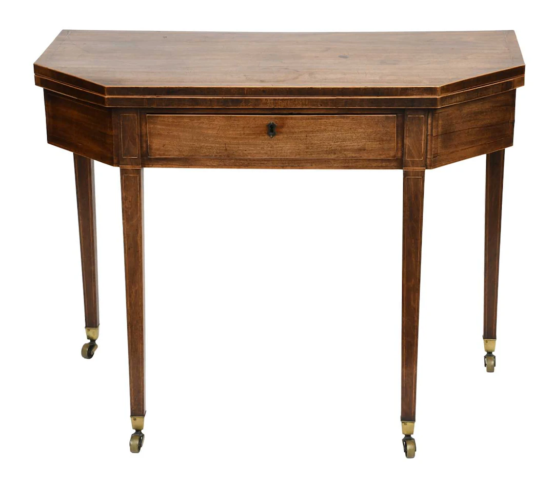A George III Inlaid Mahogany Fold Over Tea Table