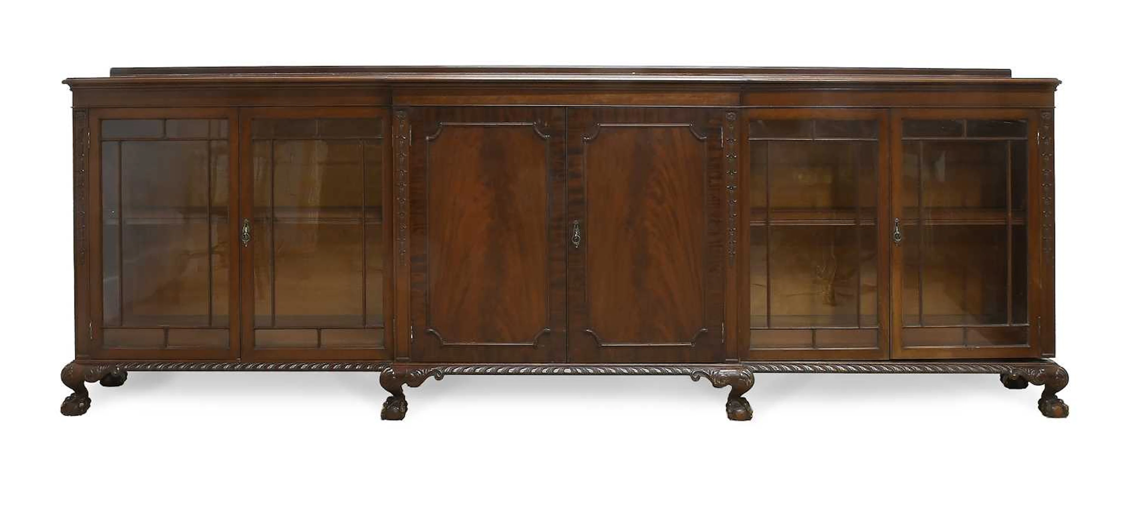 A Mahogany Breakfront Display Cabinet, labelled Ashby Tabb Ltd, 55