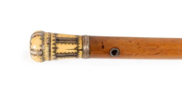 An Ivory Piquework and Silver-Mounted Malacca Walking Cane/Vinaigrette