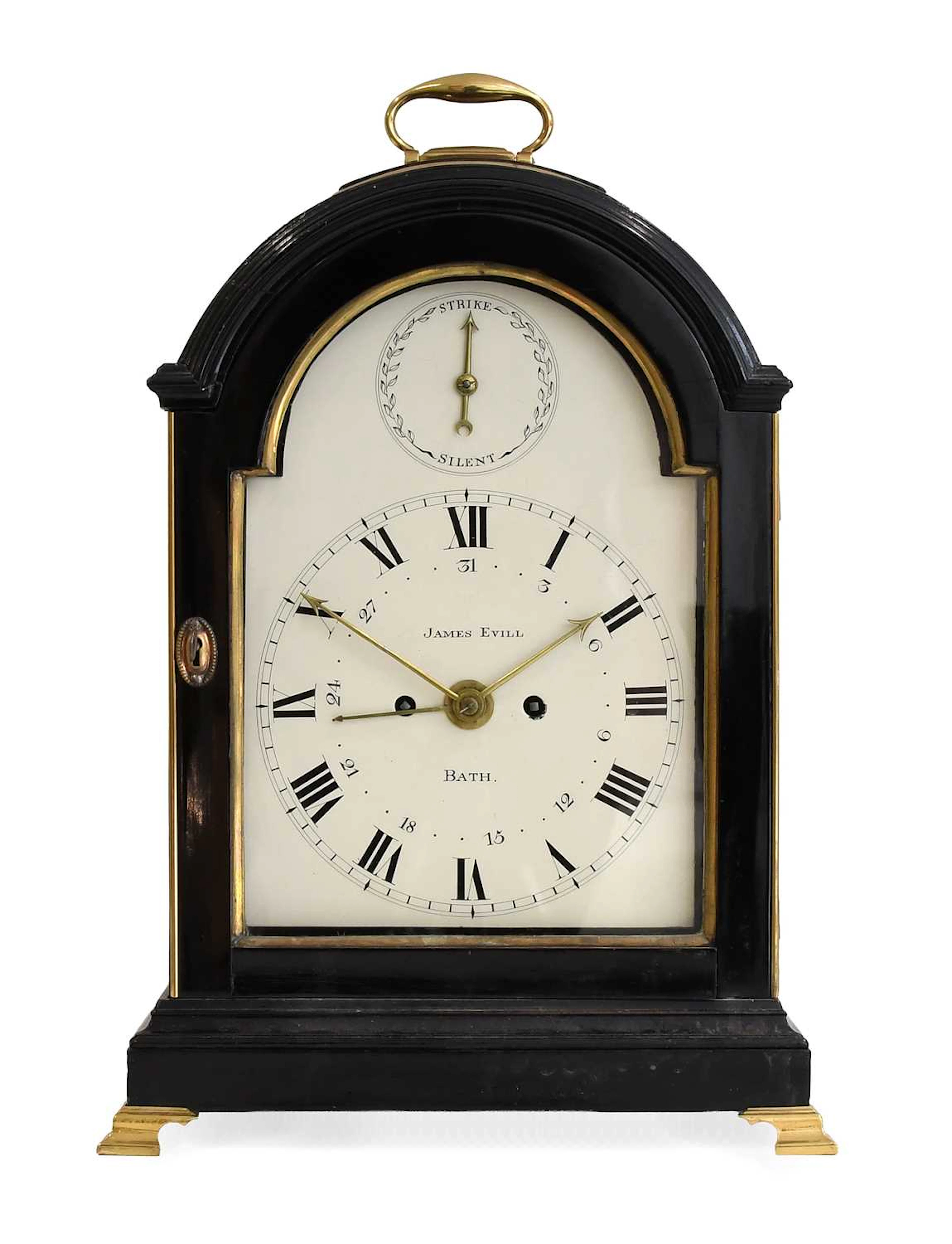 An Ebonised Striking Calendar Table Clock, signed James Evill, Bath