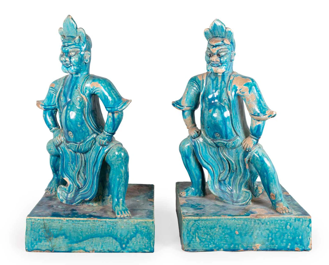 A Pair of Chinese Turquoise-Glazed Pottery Temple Guardian Figures