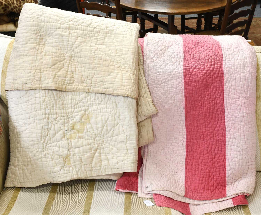 Late 19th Century Reversible Pink Strippy Quilt, Cream Wholecloth Quilt