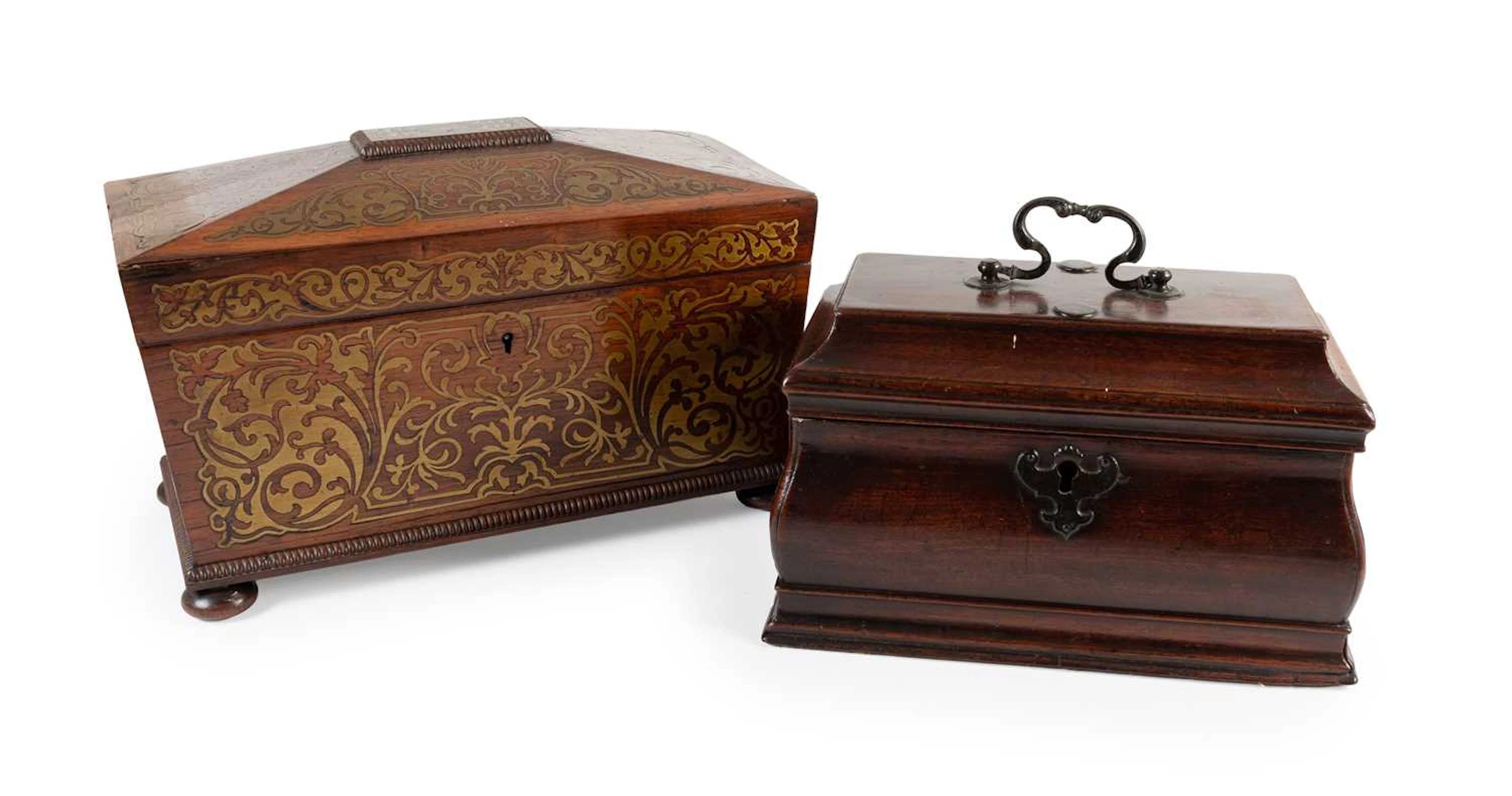A George III Mahogany Tea Caddy, A Regency Rosewood Brass-Inlaid Tea Caddy