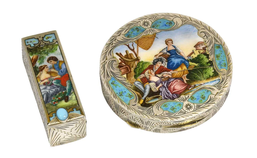 A Continental Silver and Enamel Compact and a Similar Lipstick-Holder