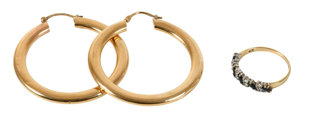 A 9 Carat Gold Sapphire and Cubic Zirconia Ring, A Pair of Hoop Earrings