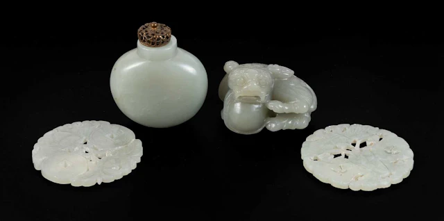 A Chinese Jade Disc Carving, A Similar, A Similar Carving of a Mythical