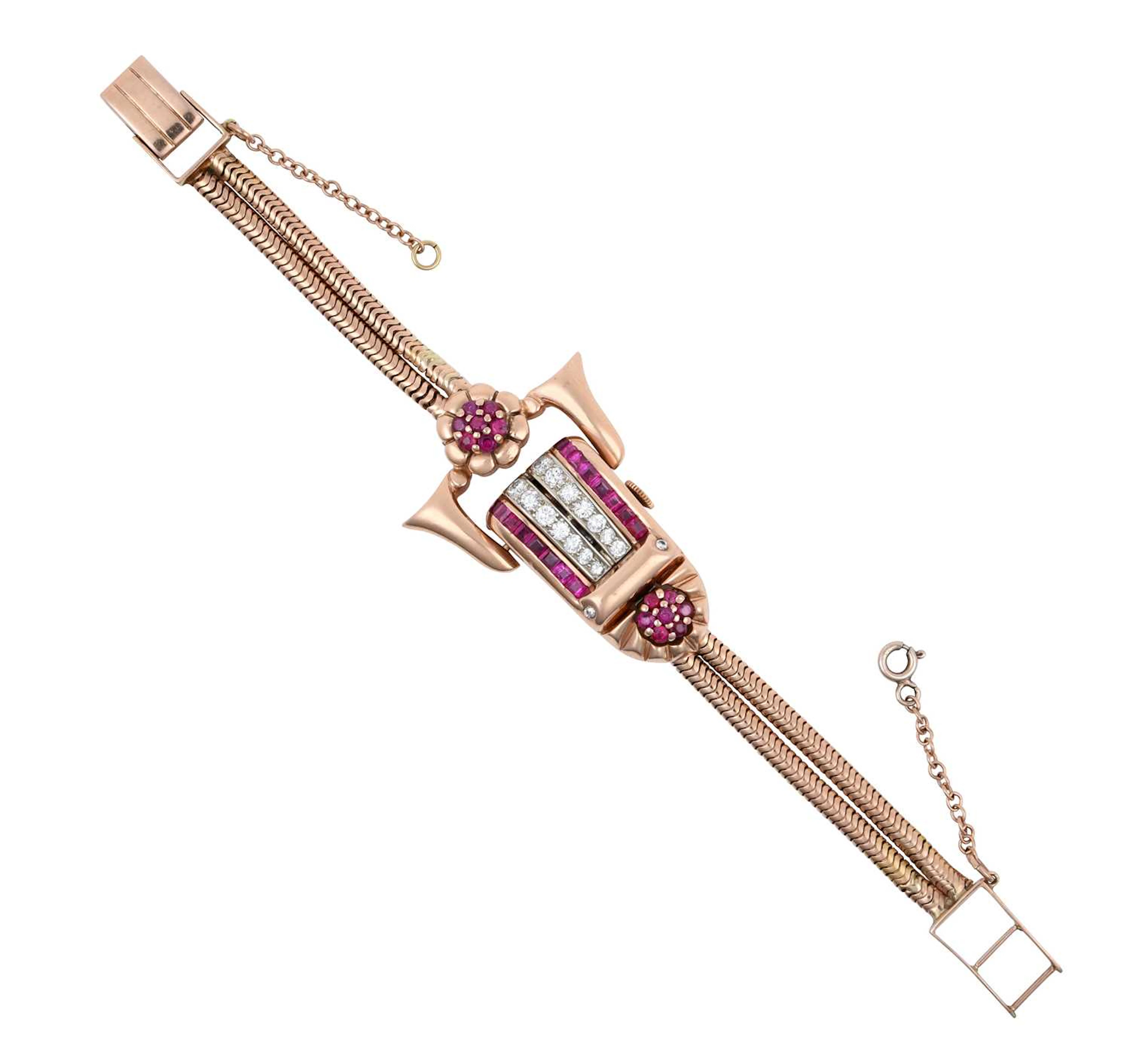 A Lady's Diamond and Ruby Concealed Dial Wristwatch, signed Kingston, 1930's