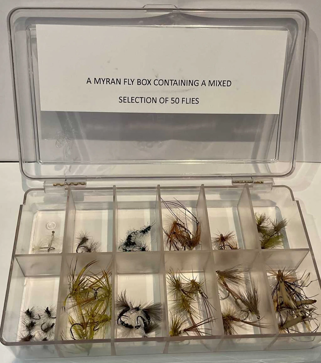 A Selection of 50 Flies in a Myran Fly Box.