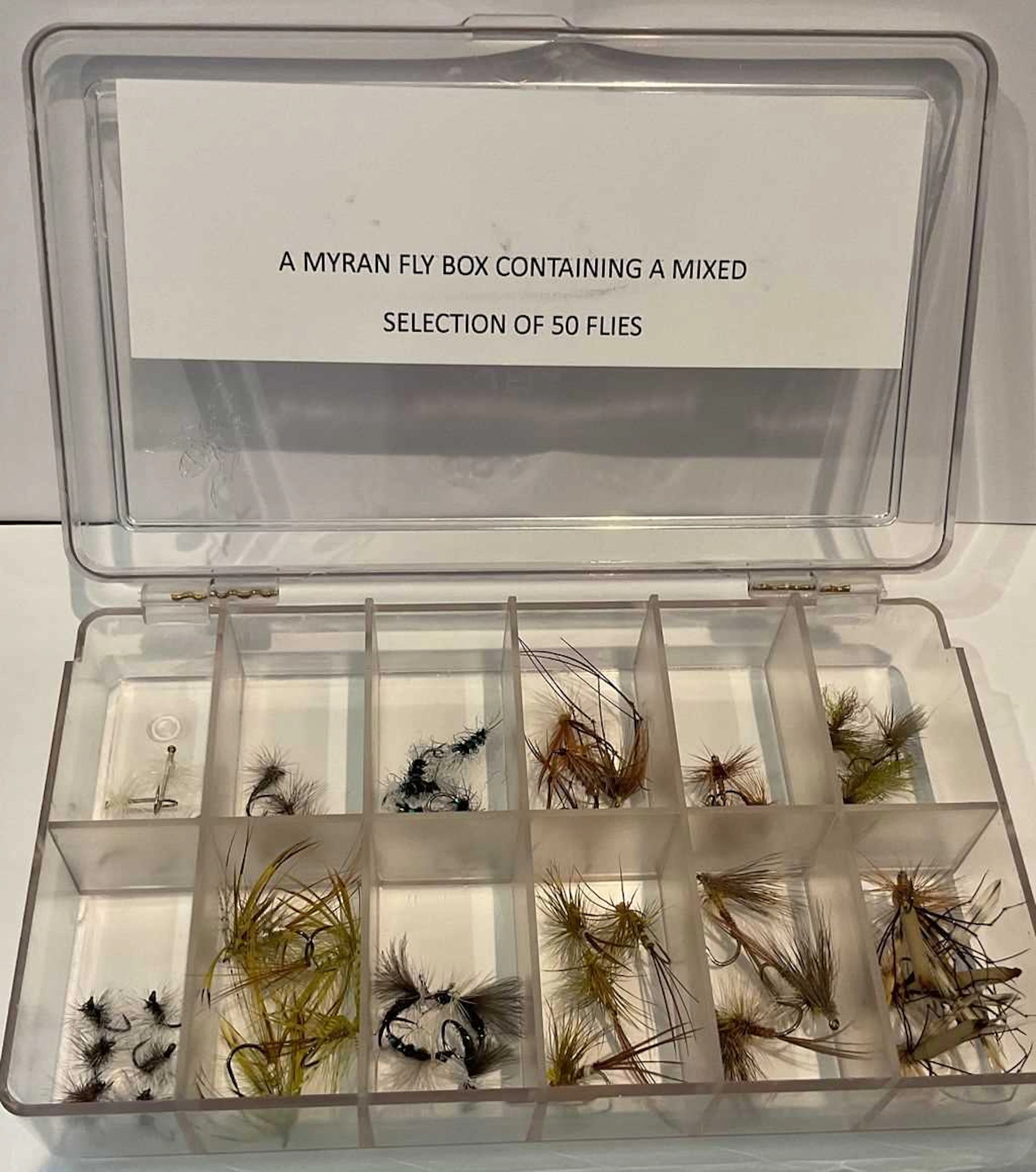 A Selection of 50 Flies in a Myran Fly Box.