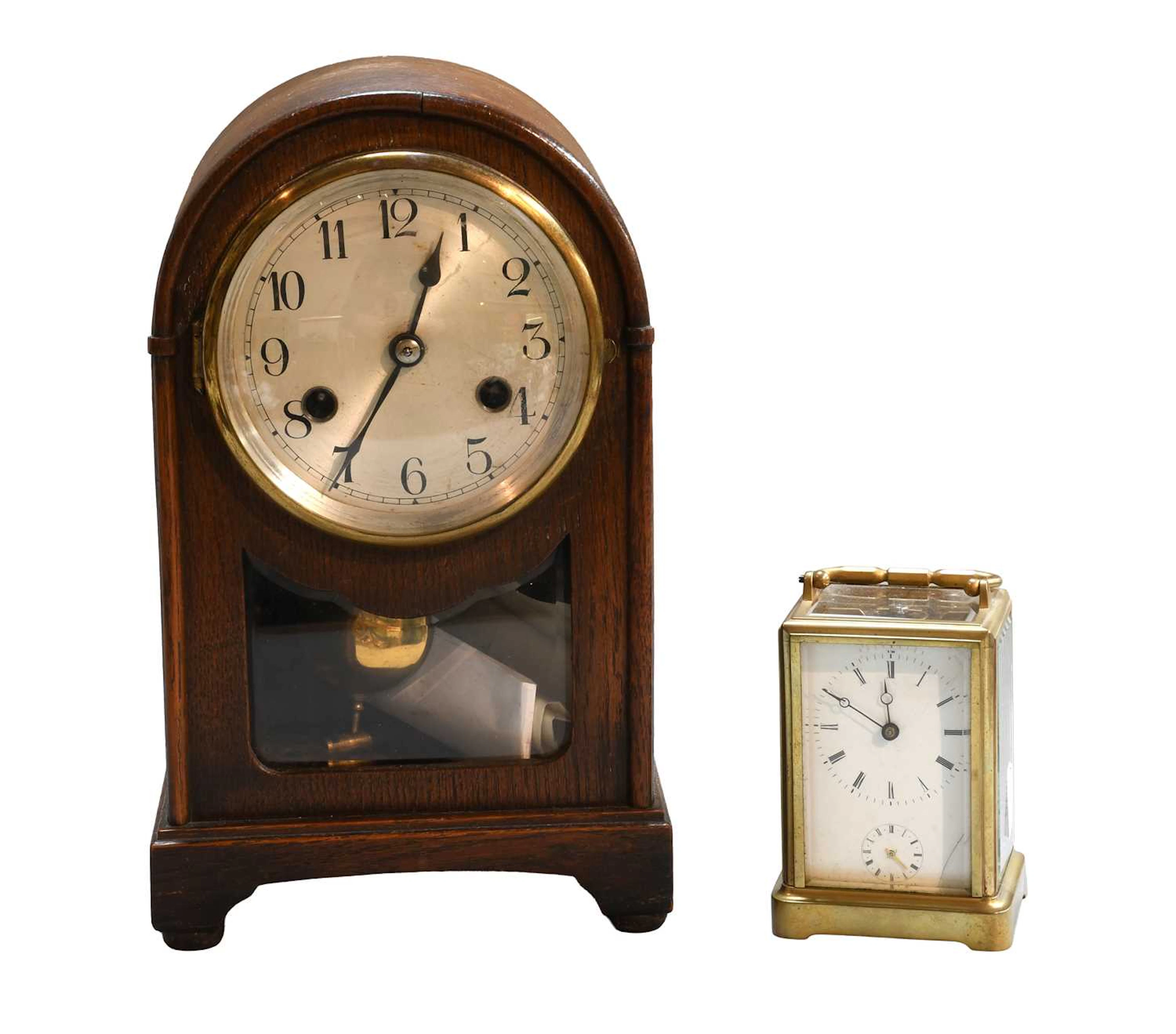 A French Brass Carriage Alarm Timpiece, circa 1880, An Oak Veneered