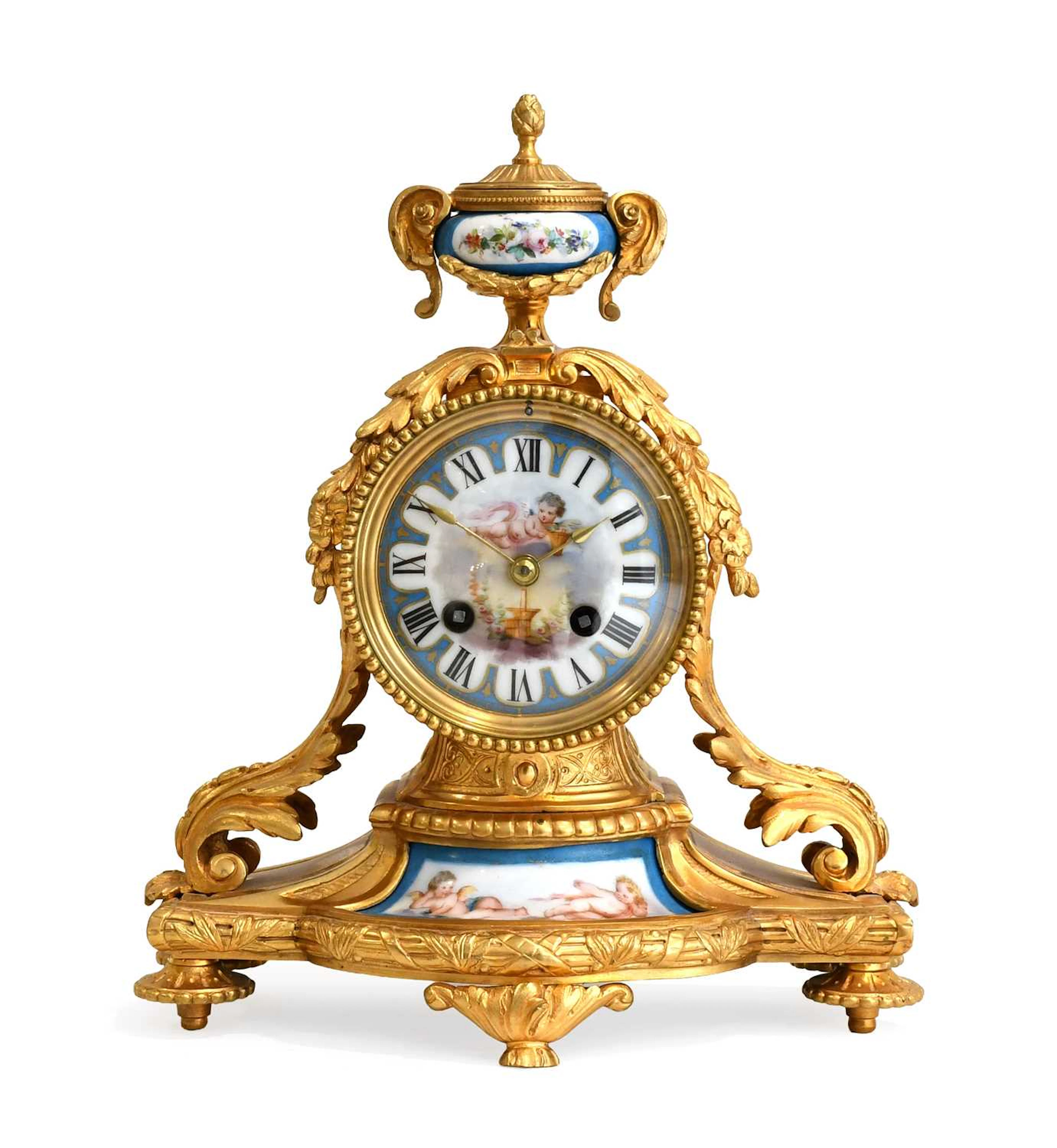 A French Gilt Metal and Porcelain Striking Mantel Clock, retailed
