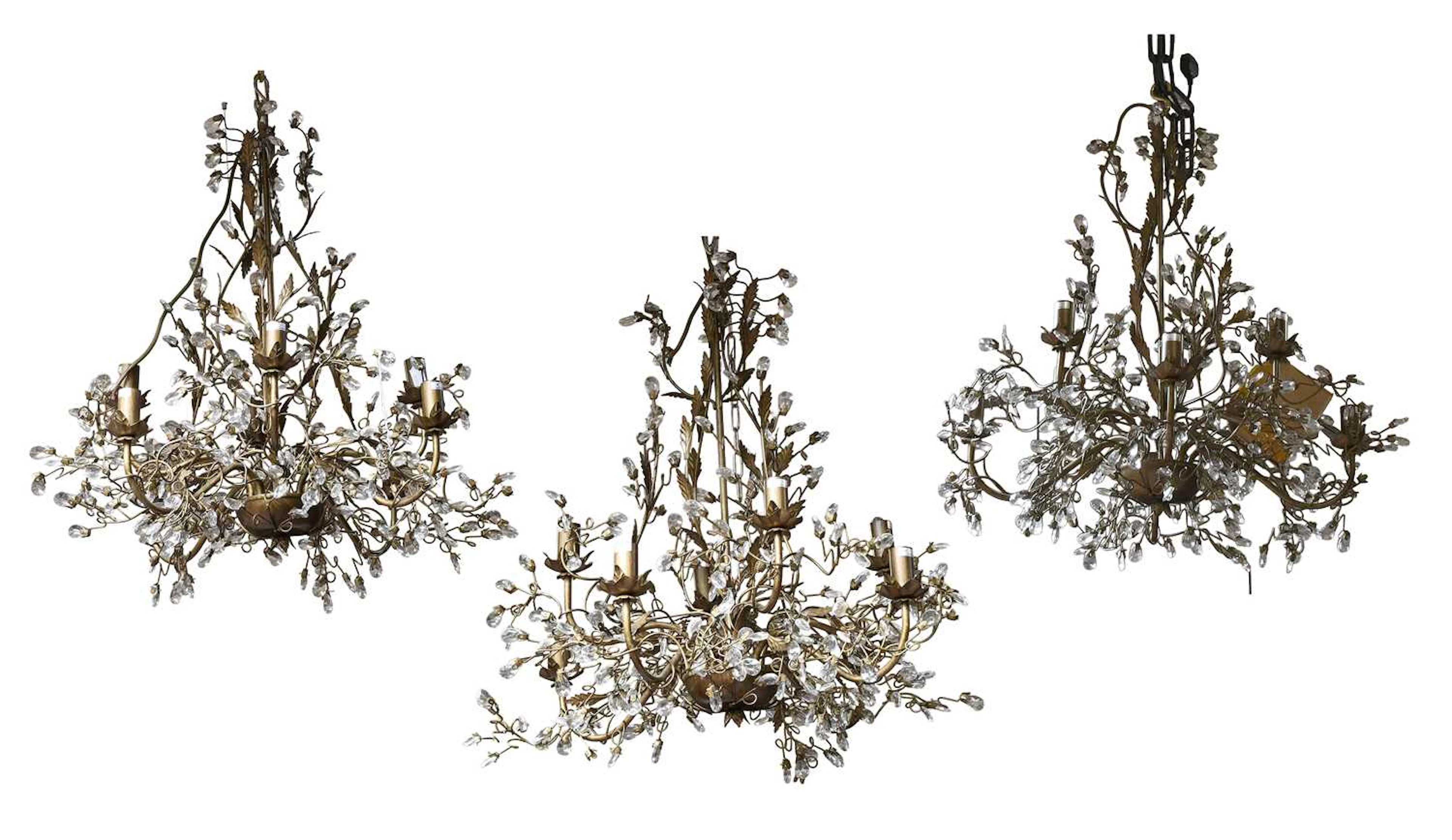 A Set of Three Gold-Painted and Moulded Glass Chandeliers