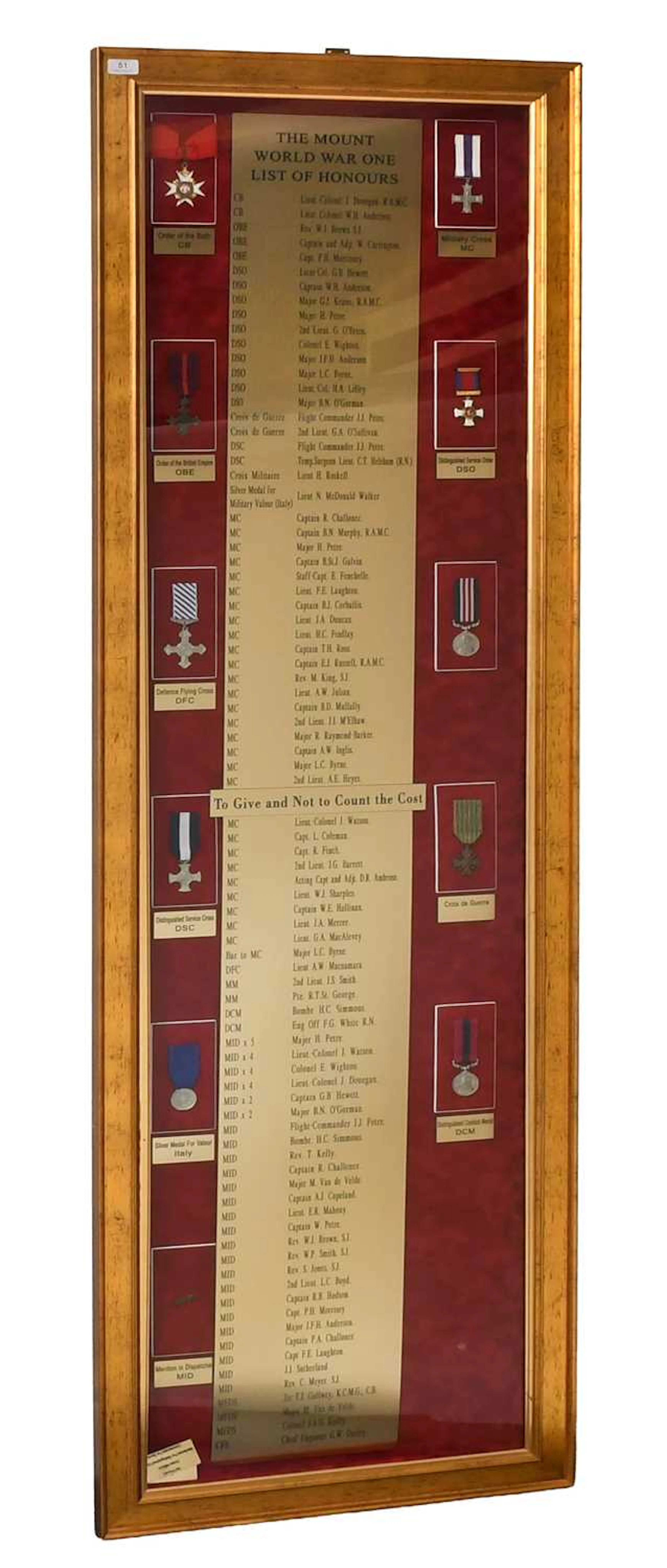A Framed and Glazed Display - 'The Mount, World War One List of Honours'
