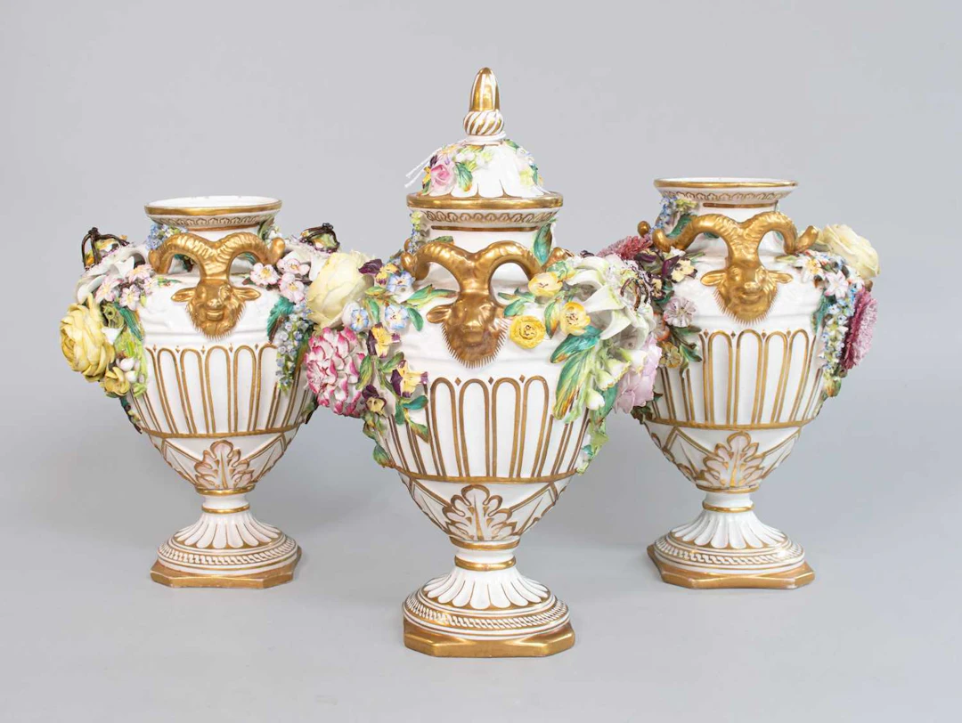 A Garniture of John Bevington Staffordshire Porcelain Vases