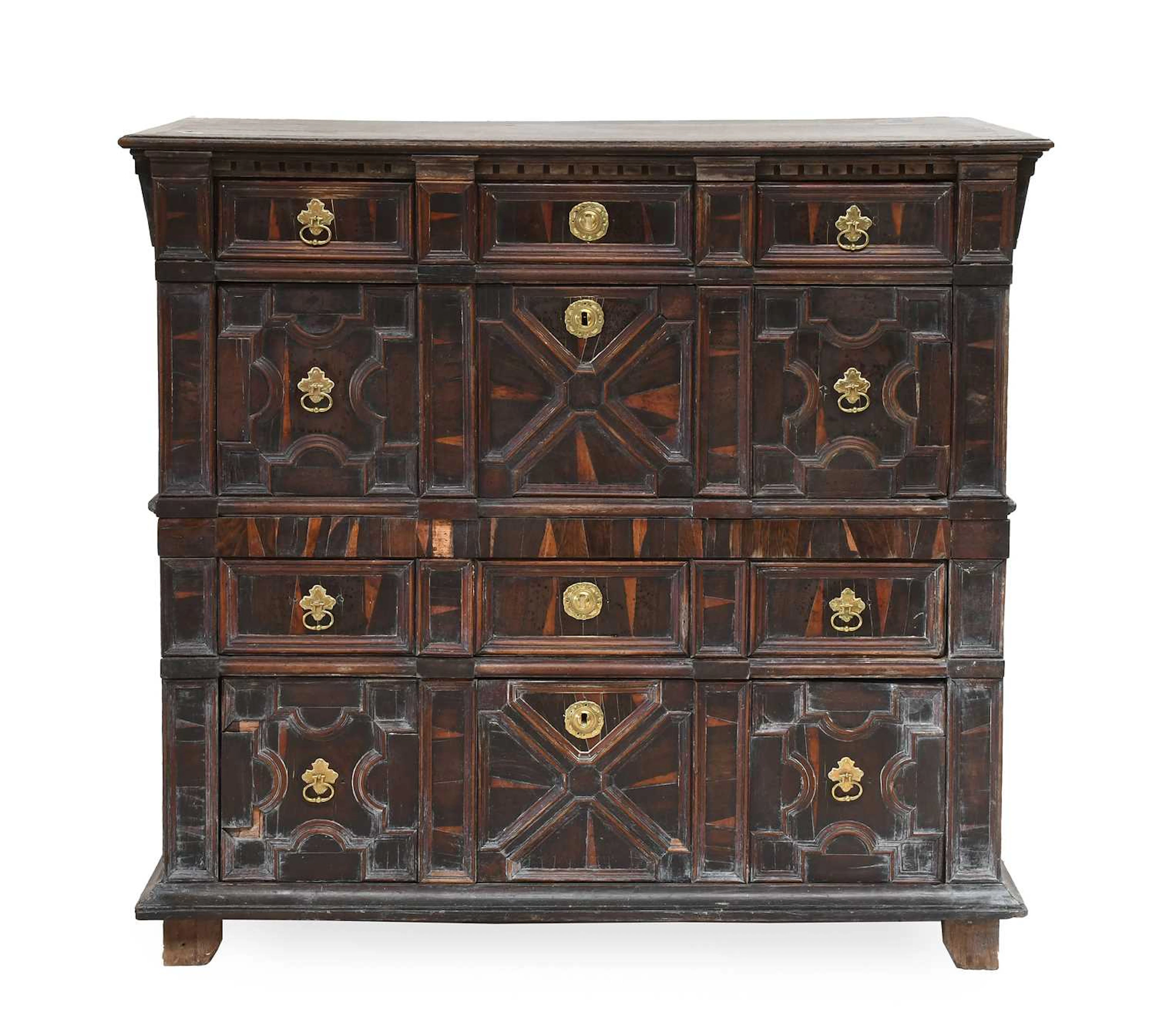 A Rare Charles II Oak and Cocus Wood-Veneered Four-Drawer Chest, circa 1670