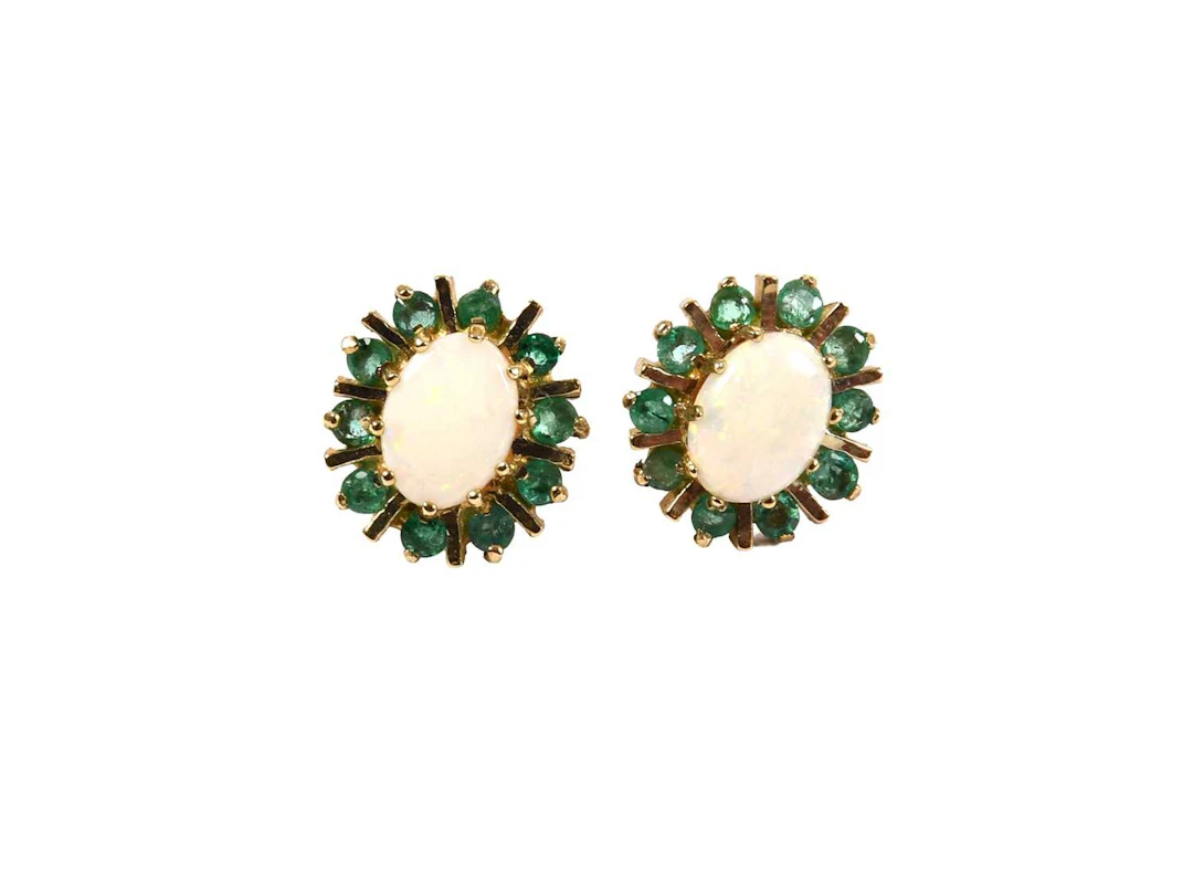 A Pair of 9 Carat Gold Opal and Emerald Cluster Earrings