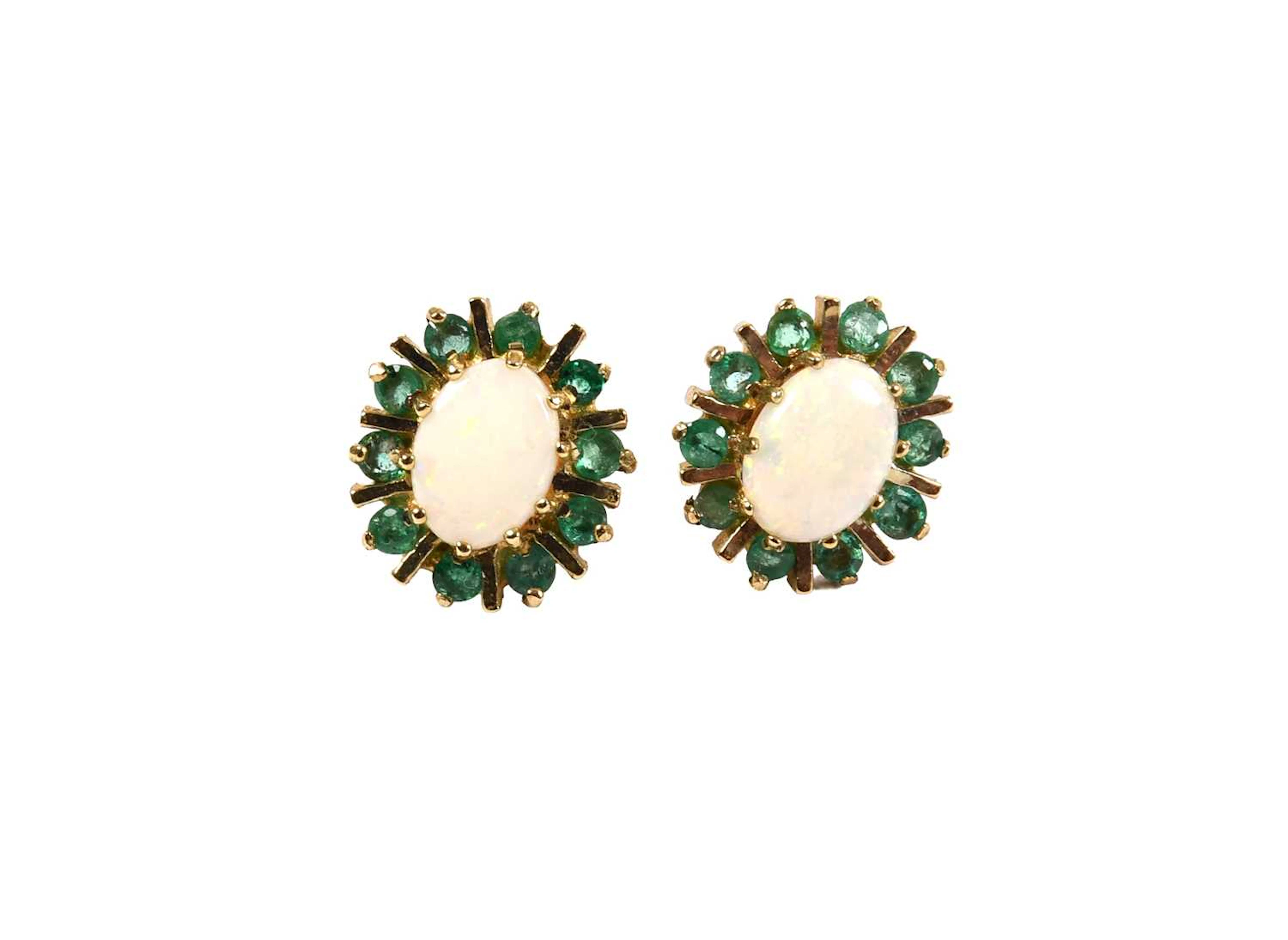 A Pair of 9 Carat Gold Opal and Emerald Cluster Earrings