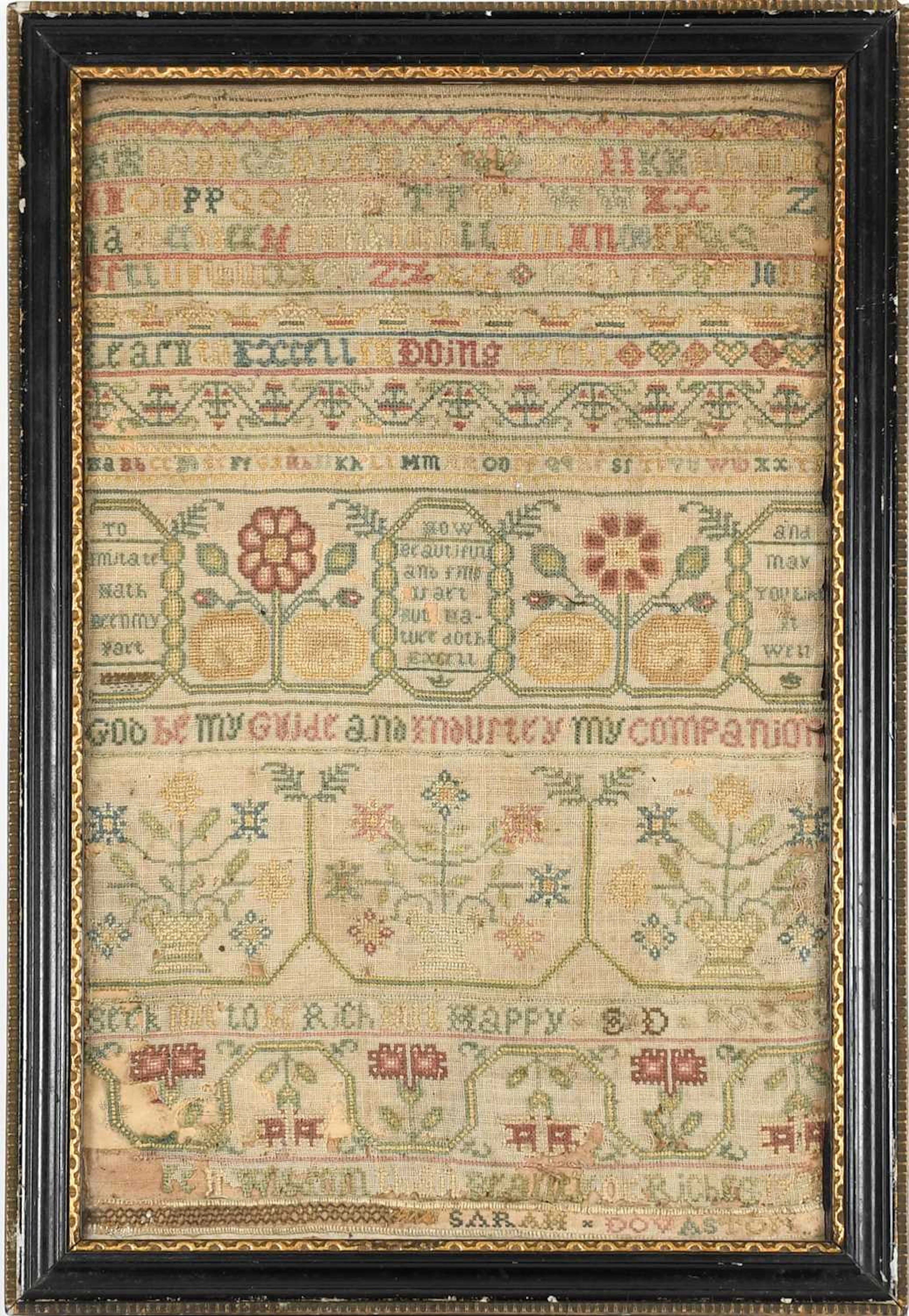 18th Century Decorative Alphabet Sampler Worked by Sarah Dovaston Dated 173*
