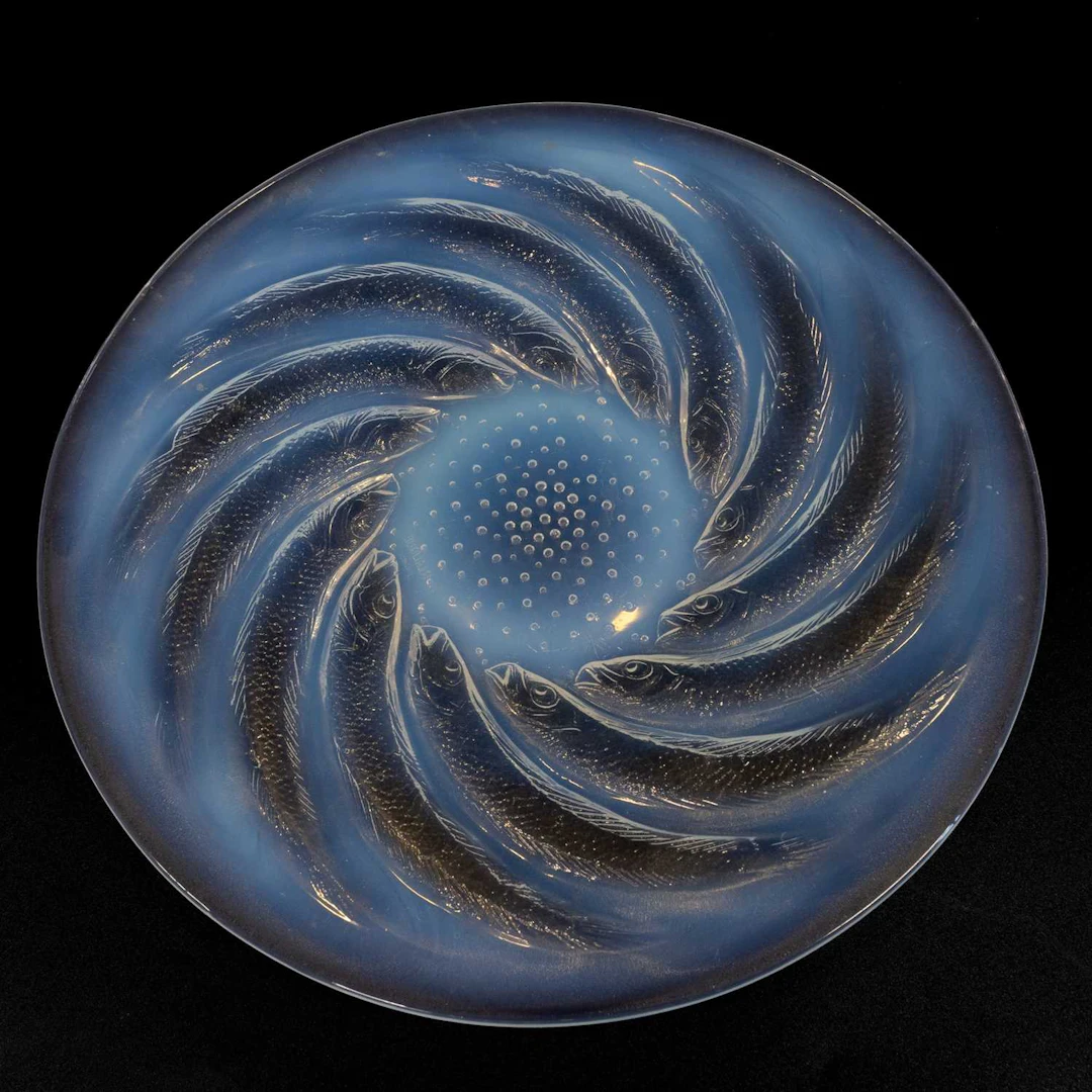 René Lalique (French, 1860-1945): An Opalescent and Clear Glass Poissons Dish
