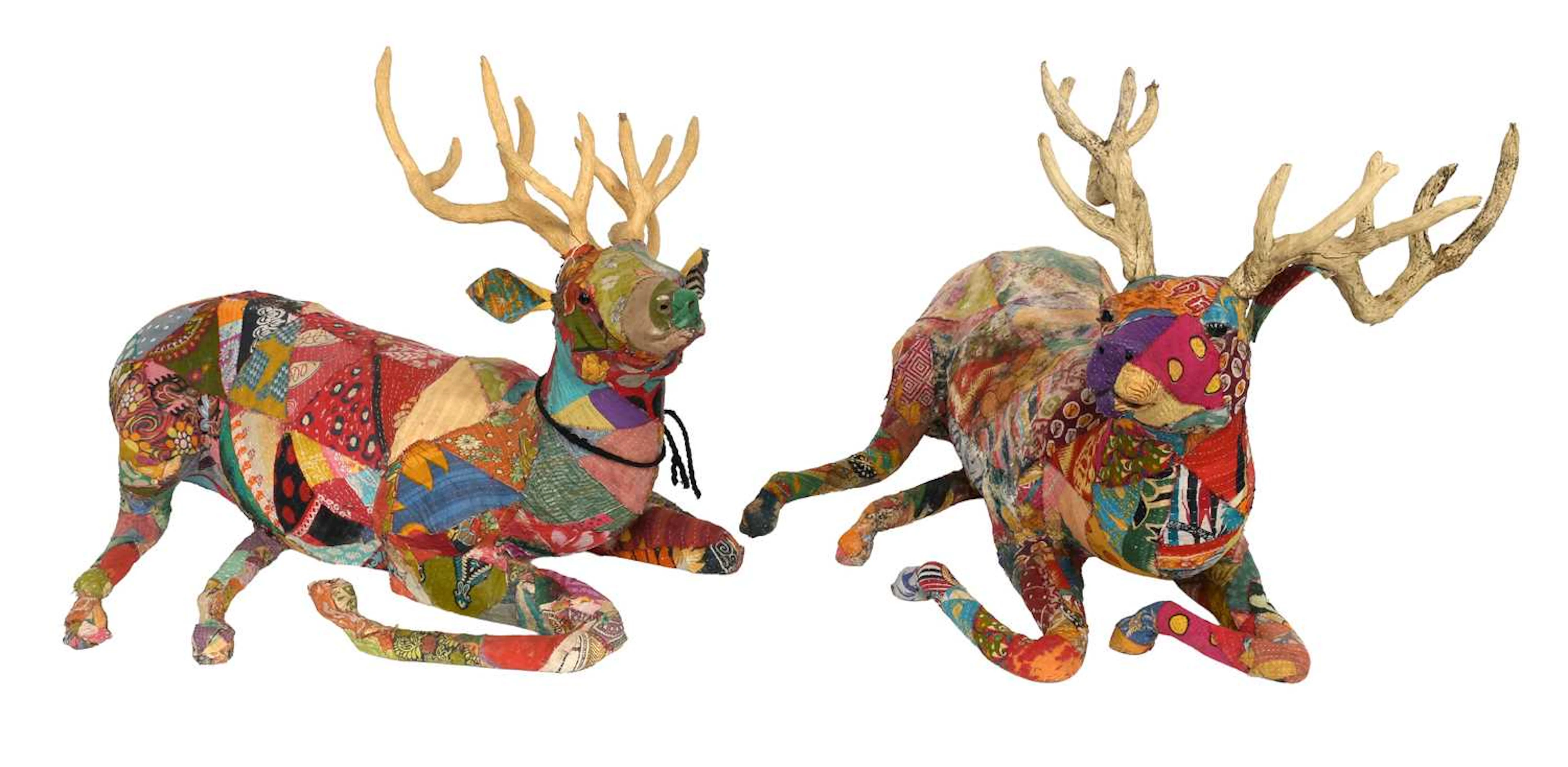 A Pair of Kantha Patchwork Fabric Mounted Models of Recumbent Stags