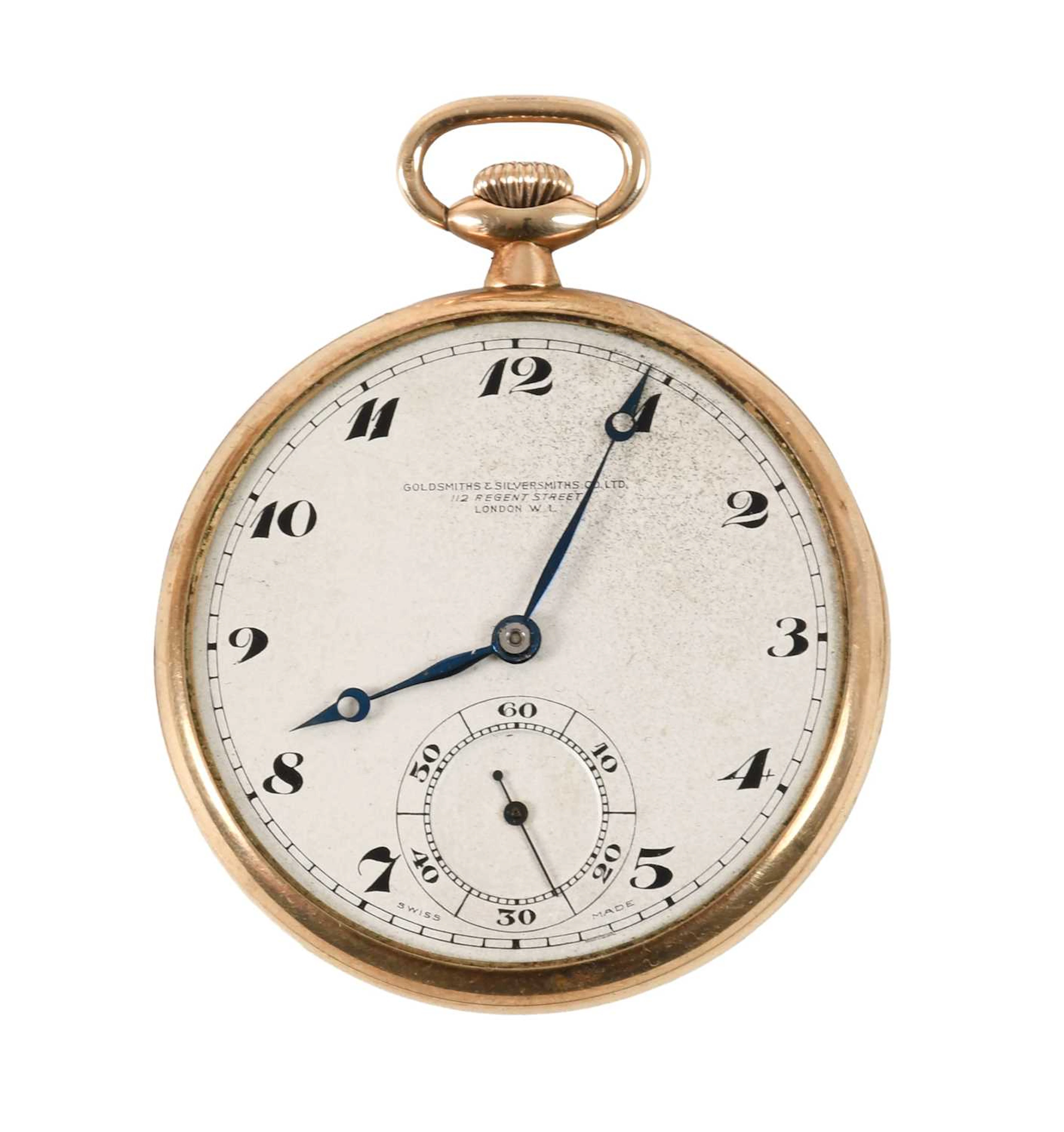 A 9 Carat Gold Open Faced Pocket Watch, retailed by Goldsmiths & Silversmiths