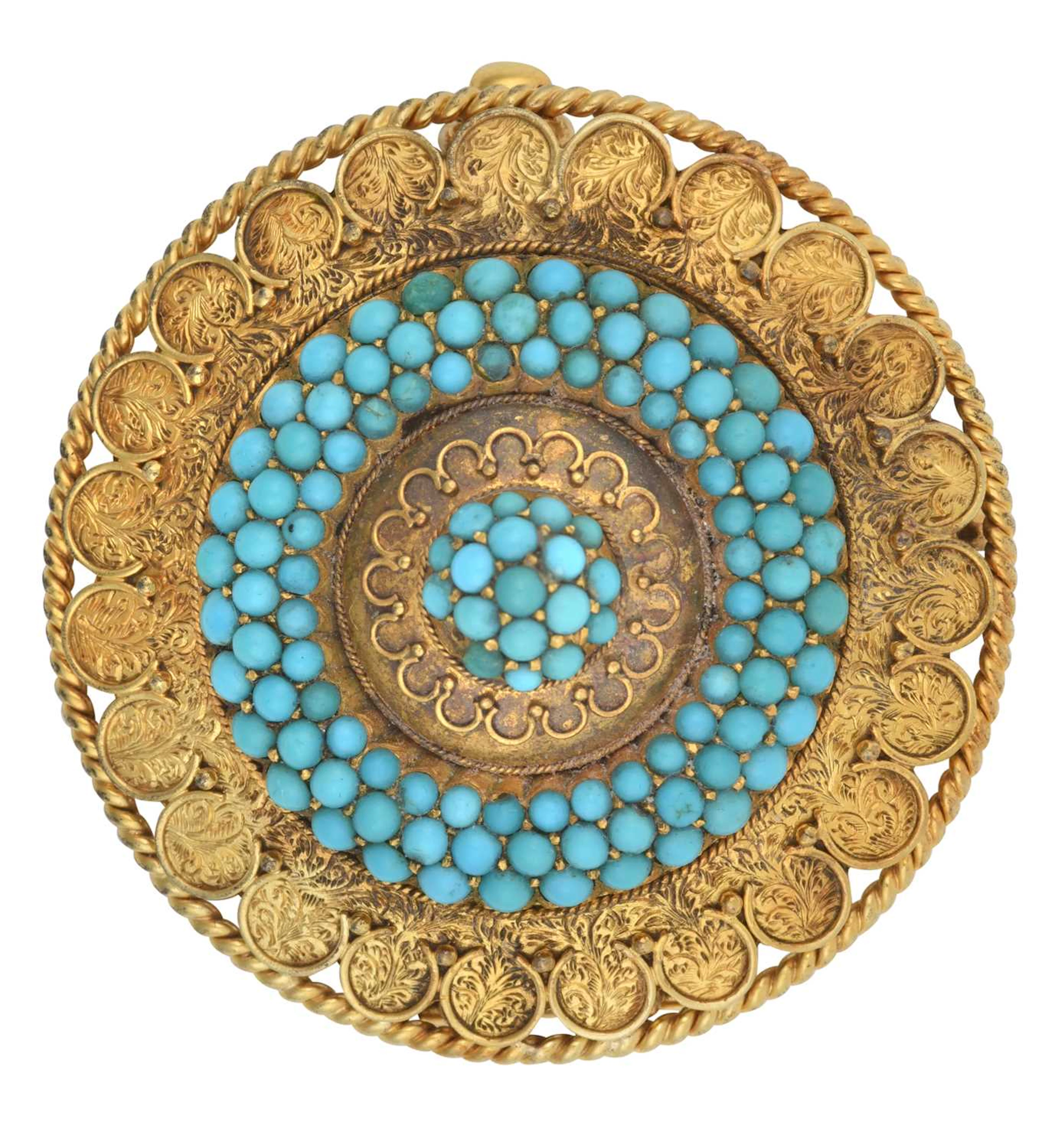 An Etruscan Revival Turquoise Brooch, circa 1860
