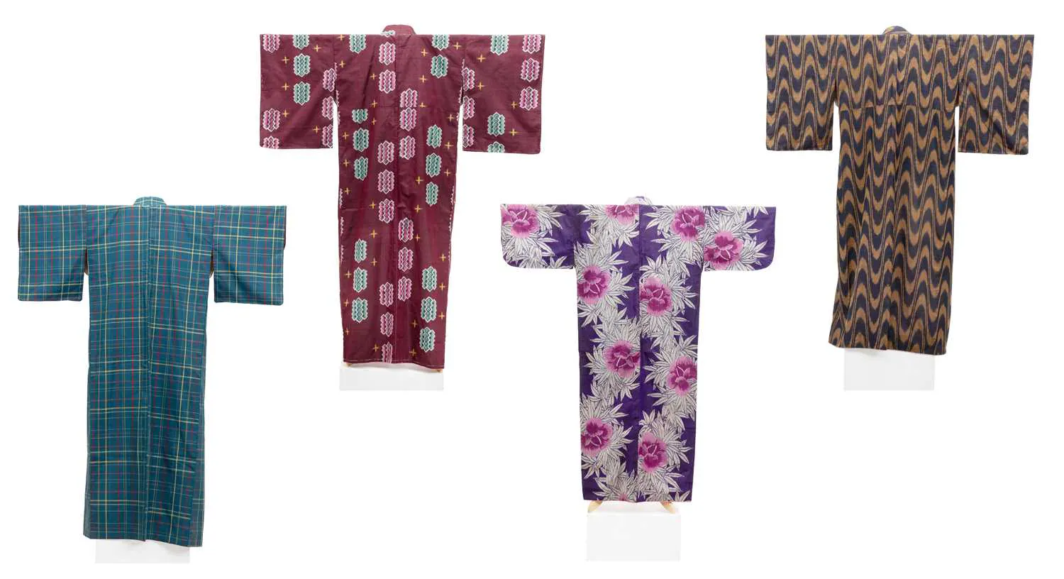 Japanese Men's Checked Silk Kimono, Taisho/Mid Showa Period, Three